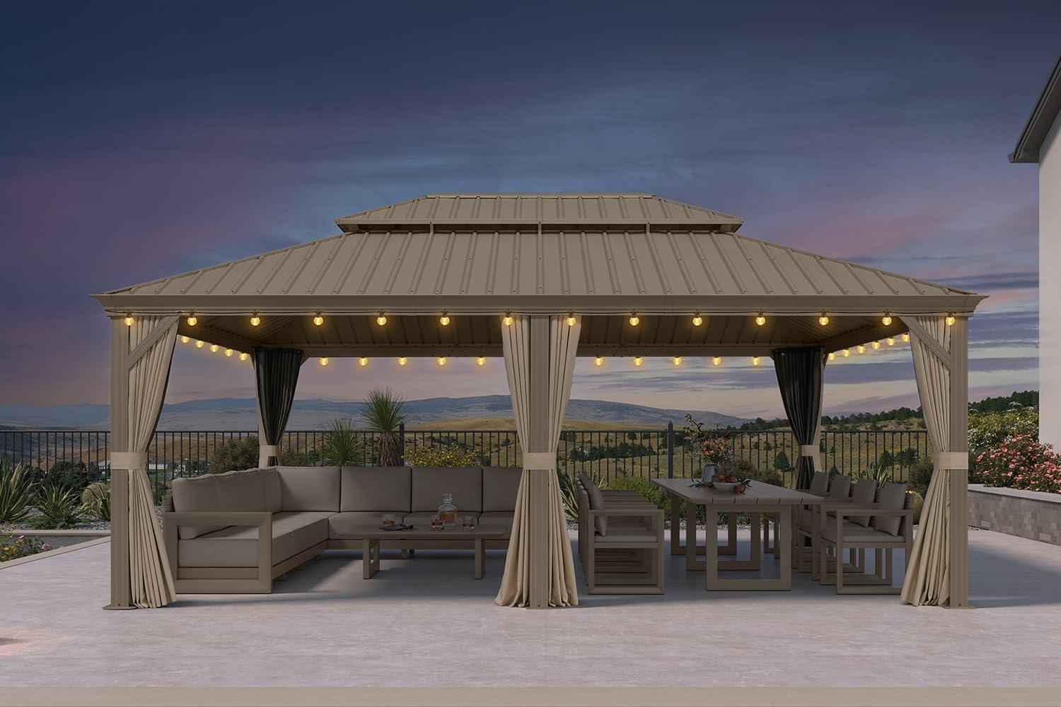 image:imagePURPLE LEAF 8 x 10 Outdoor Hardtop Gazebo Champagne Small Aluminum Gazebo with Galvanized Steel Double Roof Curtains and Netting for Patio Lawn and Garden14 X 20