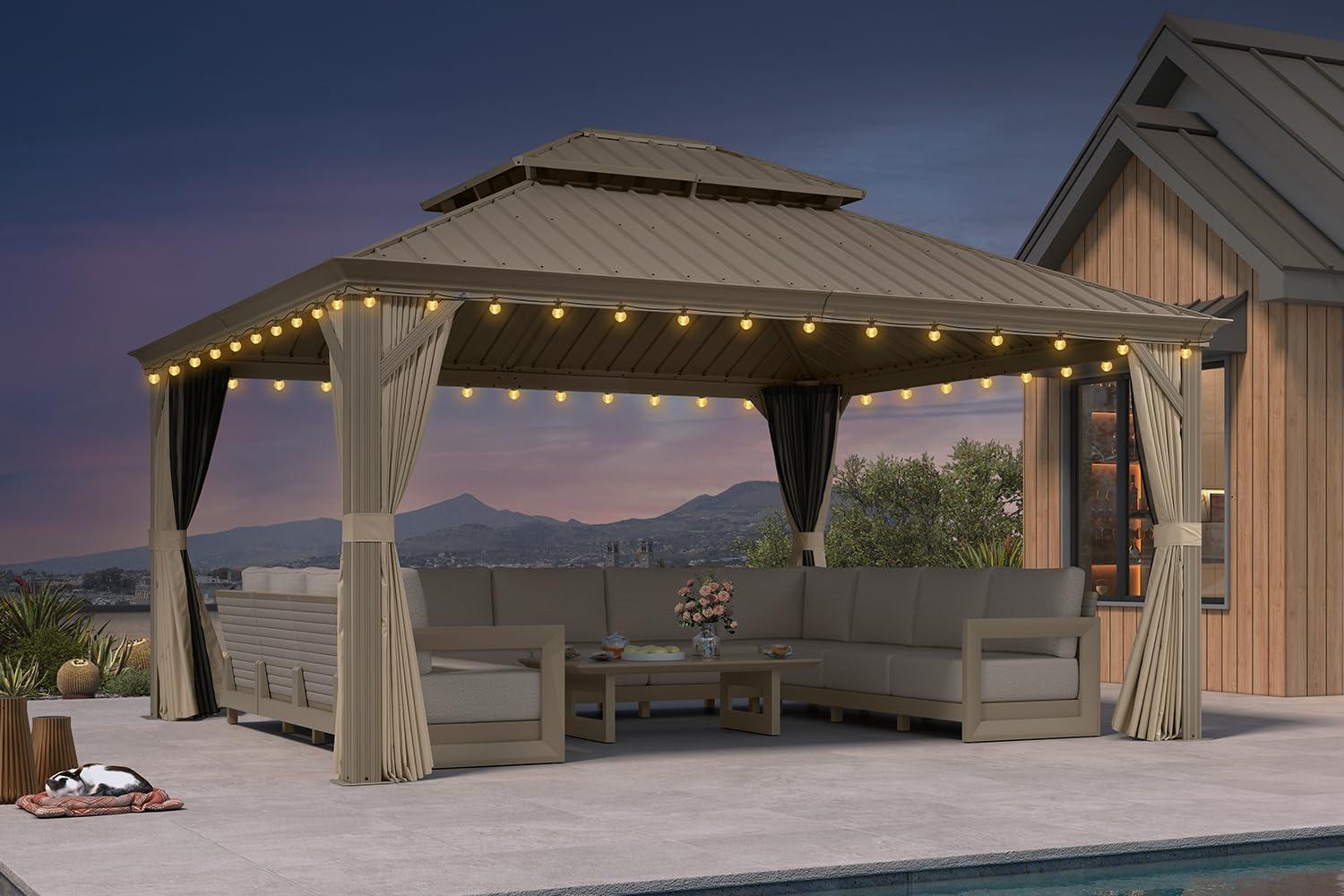 image:imagePURPLE LEAF 8 x 10 Outdoor Hardtop Gazebo Champagne Small Aluminum Gazebo with Galvanized Steel Double Roof Curtains and Netting for Patio Lawn and Garden13 X 15