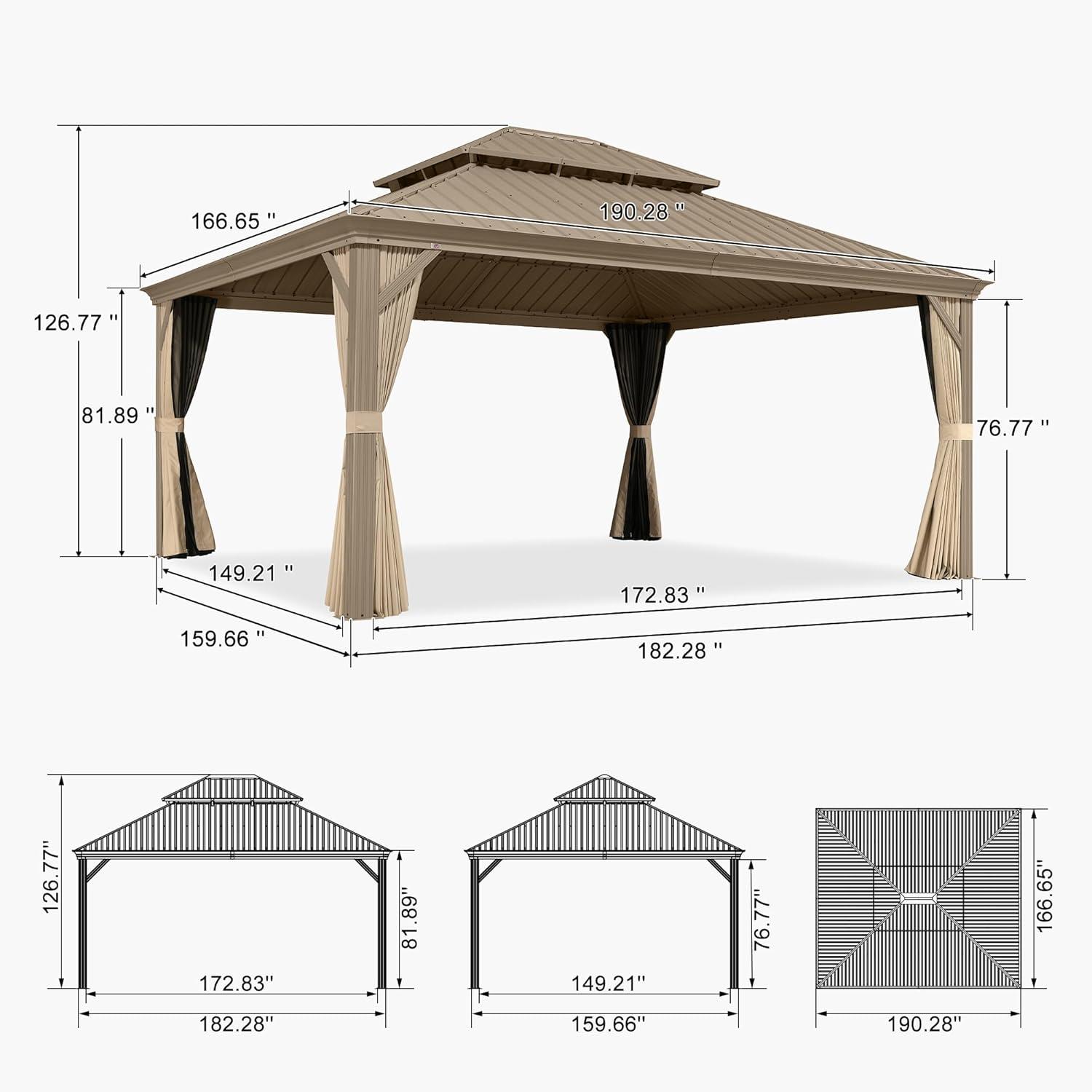 image:imagePURPLE LEAF 8 x 10 Outdoor Hardtop Gazebo Champagne Small Aluminum Gazebo with Galvanized Steel Double Roof Curtains and Netting for Patio Lawn and Garden14 X 16