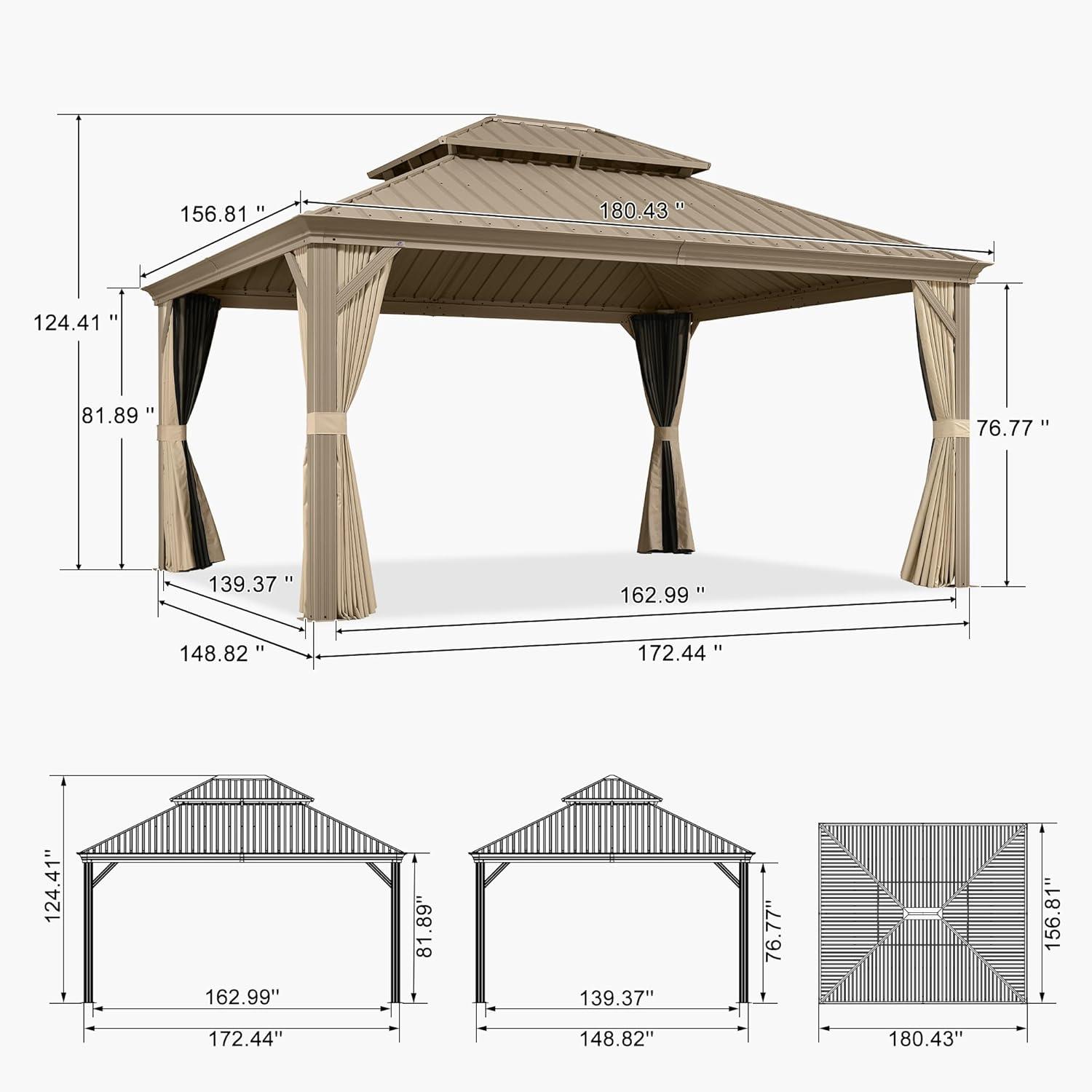 image:imagePURPLE LEAF 8 x 10 Outdoor Hardtop Gazebo Champagne Small Aluminum Gazebo with Galvanized Steel Double Roof Curtains and Netting for Patio Lawn and Garden13 X 15
