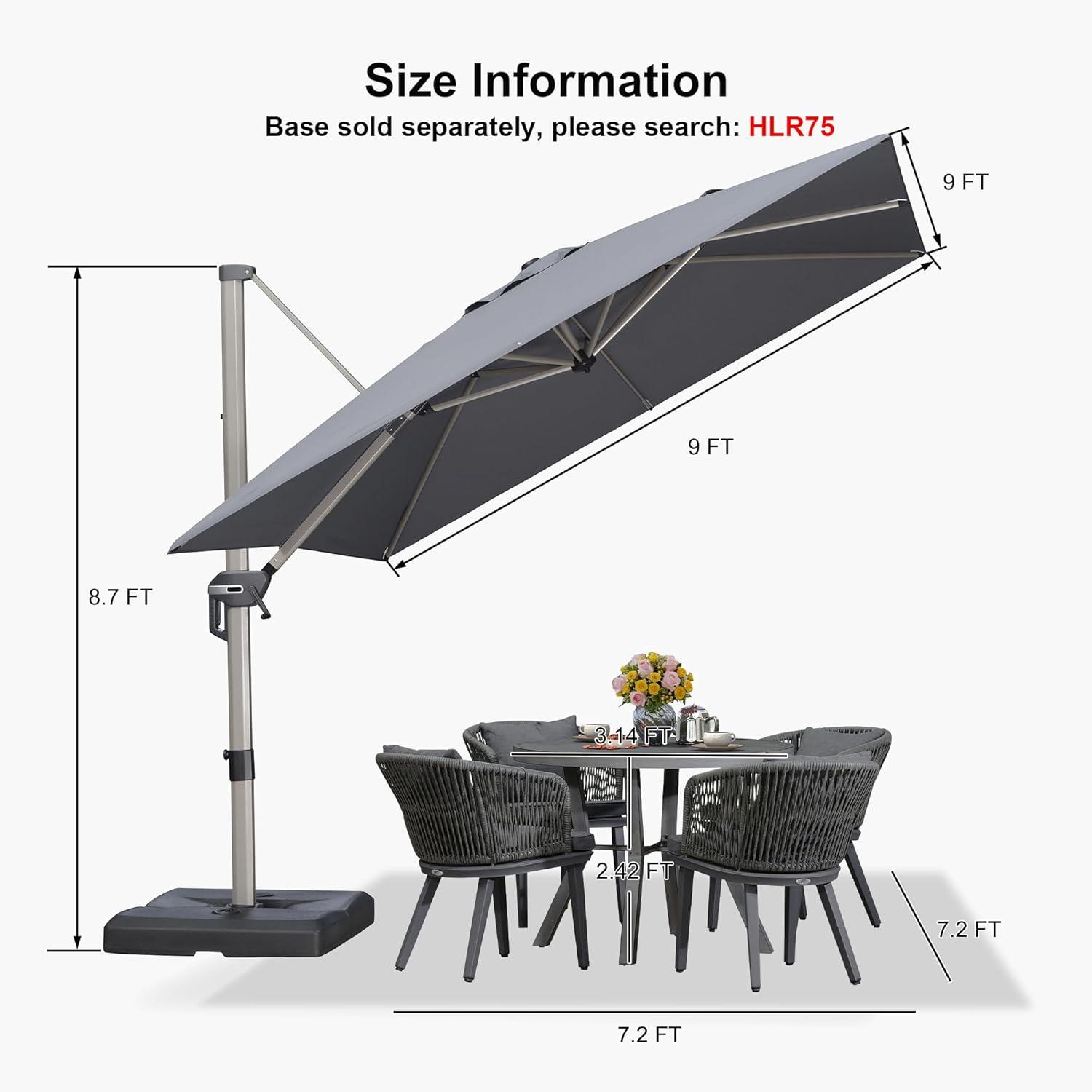 image:imagePURPLE LEAF 9 X 115 Patio Umbrella Rectangle Outdoor Cantilever Umbrella Aluminum Offset Umbrella with Champagne Frame and 360 Rotation for Pool Deck Garden GreyLight Grey