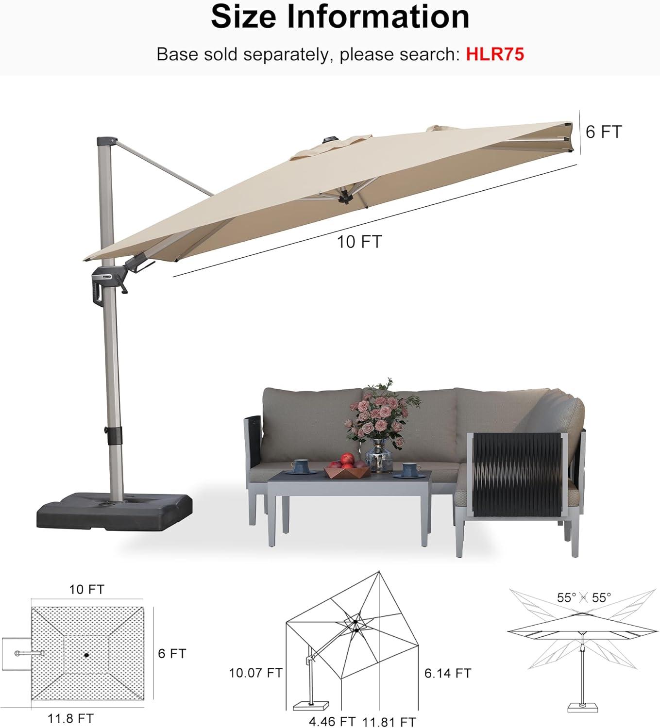 image:imagePURPLE LEAF 9 X 115 Patio Umbrella Rectangle Outdoor Cantilever Umbrella Aluminum Offset Umbrella with Champagne Frame and 360 Rotation for Pool Deck Garden GreyBeige
