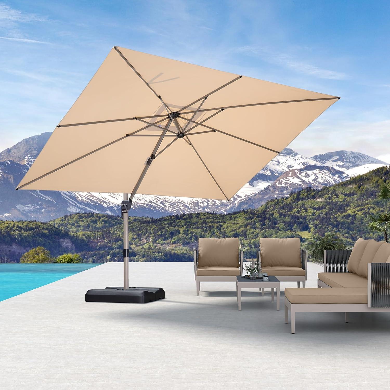 image:imagePURPLE LEAF 9 X 115 Patio Umbrella Rectangle Outdoor Cantilever Umbrella Aluminum Offset Umbrella with Champagne Frame and 360 Rotation for Pool Deck Garden GreyBeige