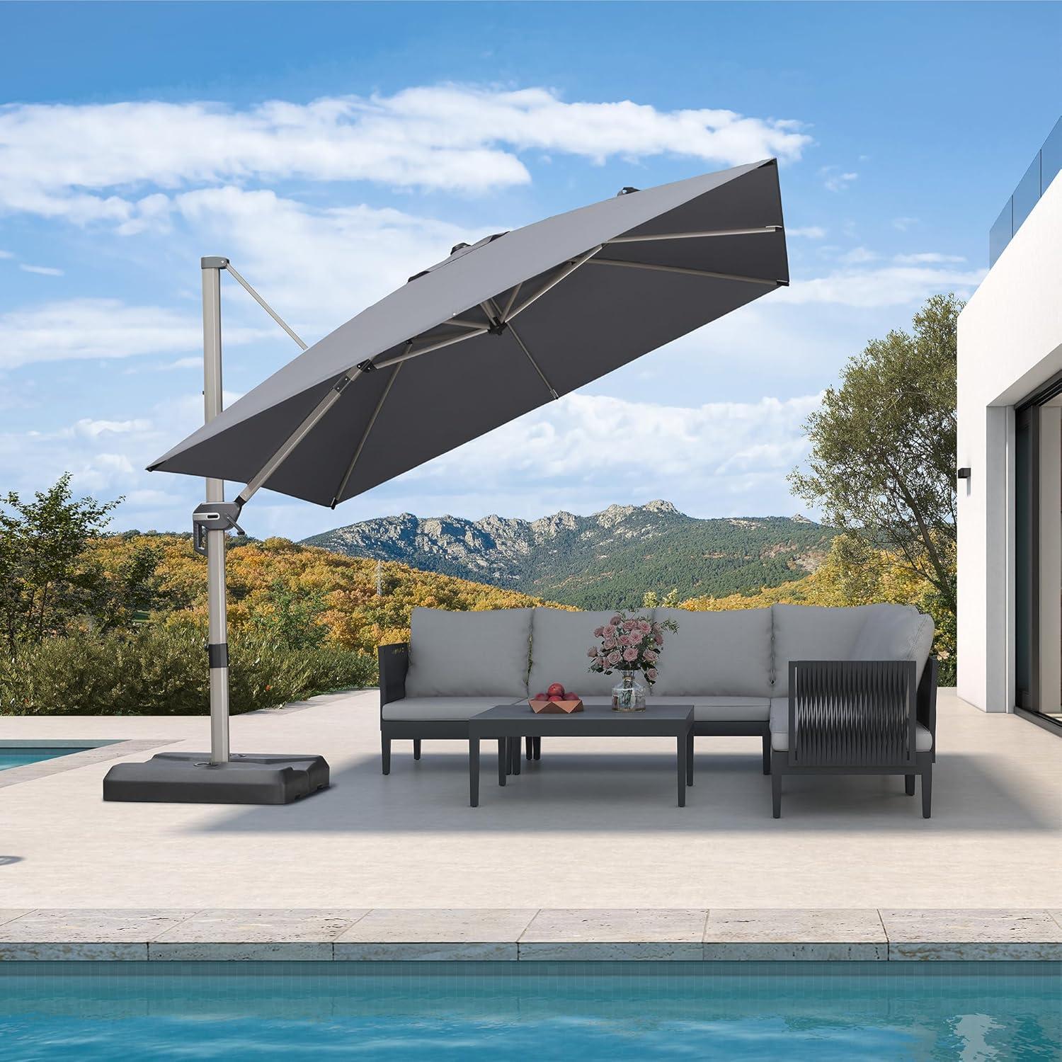 image:imagePURPLE LEAF 9 X 115 Patio Umbrella Rectangle Outdoor Cantilever Umbrella Aluminum Offset Umbrella with Champagne Frame and 360 Rotation for Pool Deck Garden GreyLight Grey