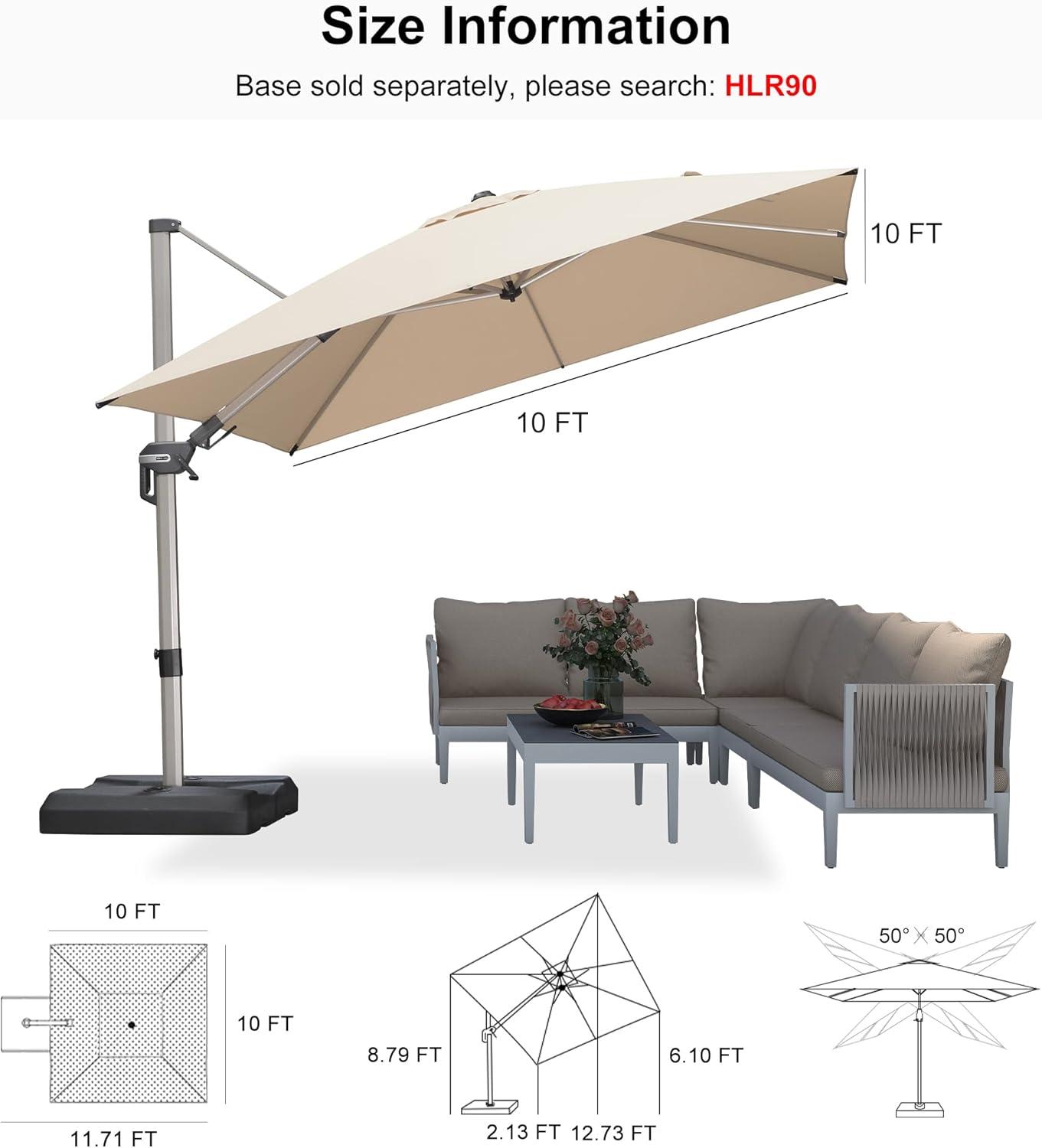 image:imagePURPLE LEAF 9 X 115 Patio Umbrella Rectangle Outdoor Cantilever Umbrella Aluminum Offset Umbrella with Champagne Frame and 360 Rotation for Pool Deck Garden GreyBeige