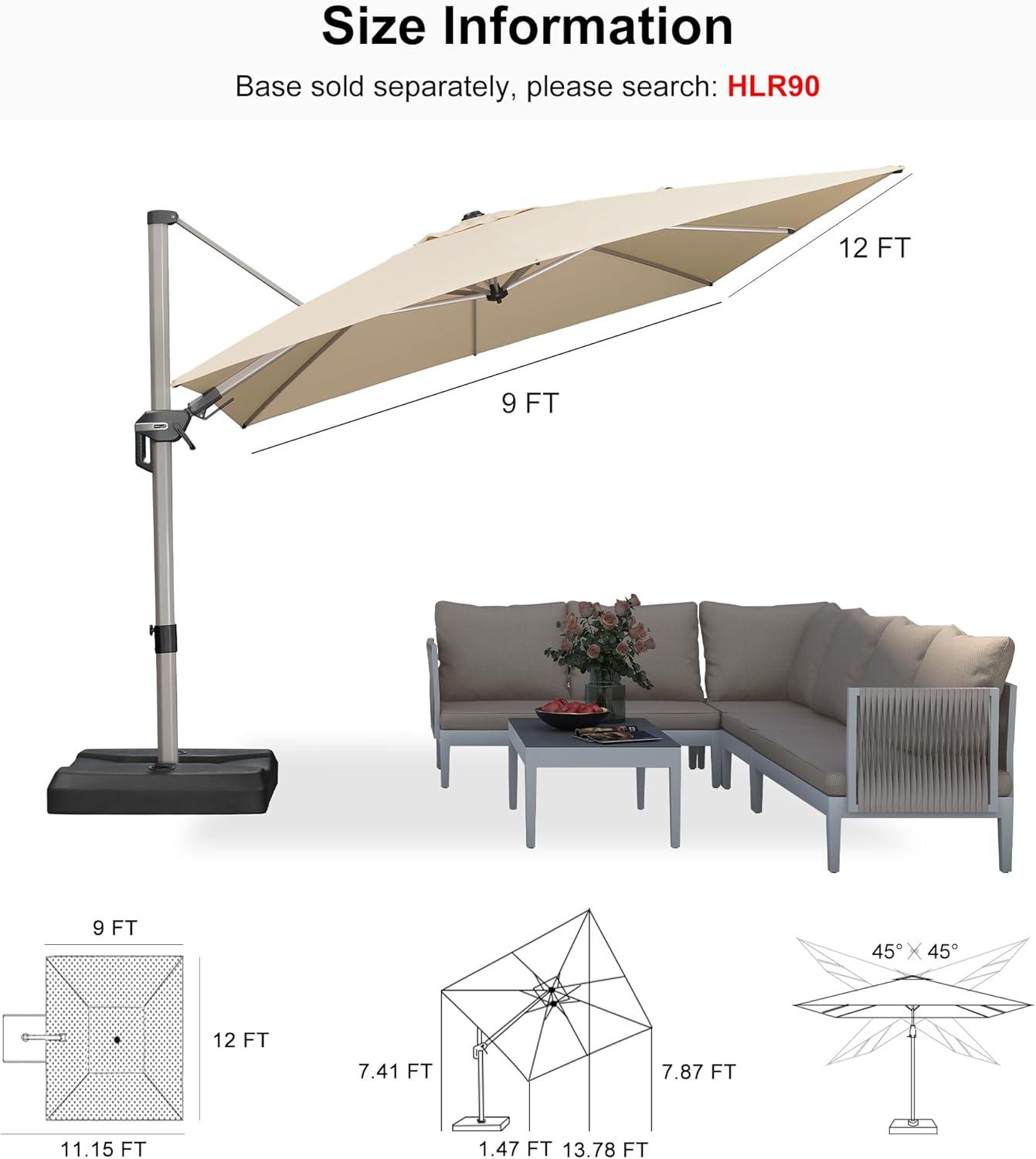 image:imagePURPLE LEAF 9 X 115 Patio Umbrella Rectangle Outdoor Cantilever Umbrella Aluminum Offset Umbrella with Champagne Frame and 360 Rotation for Pool Deck Garden GreyBeige