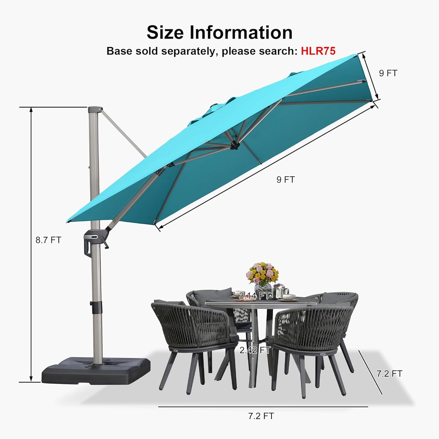 image:imagePURPLE LEAF 9 X 115 Patio Umbrella Rectangle Outdoor Cantilever Umbrella Aluminum Offset Umbrella with Champagne Frame and 360 Rotation for Pool Deck Garden GreyTurquoise Blue