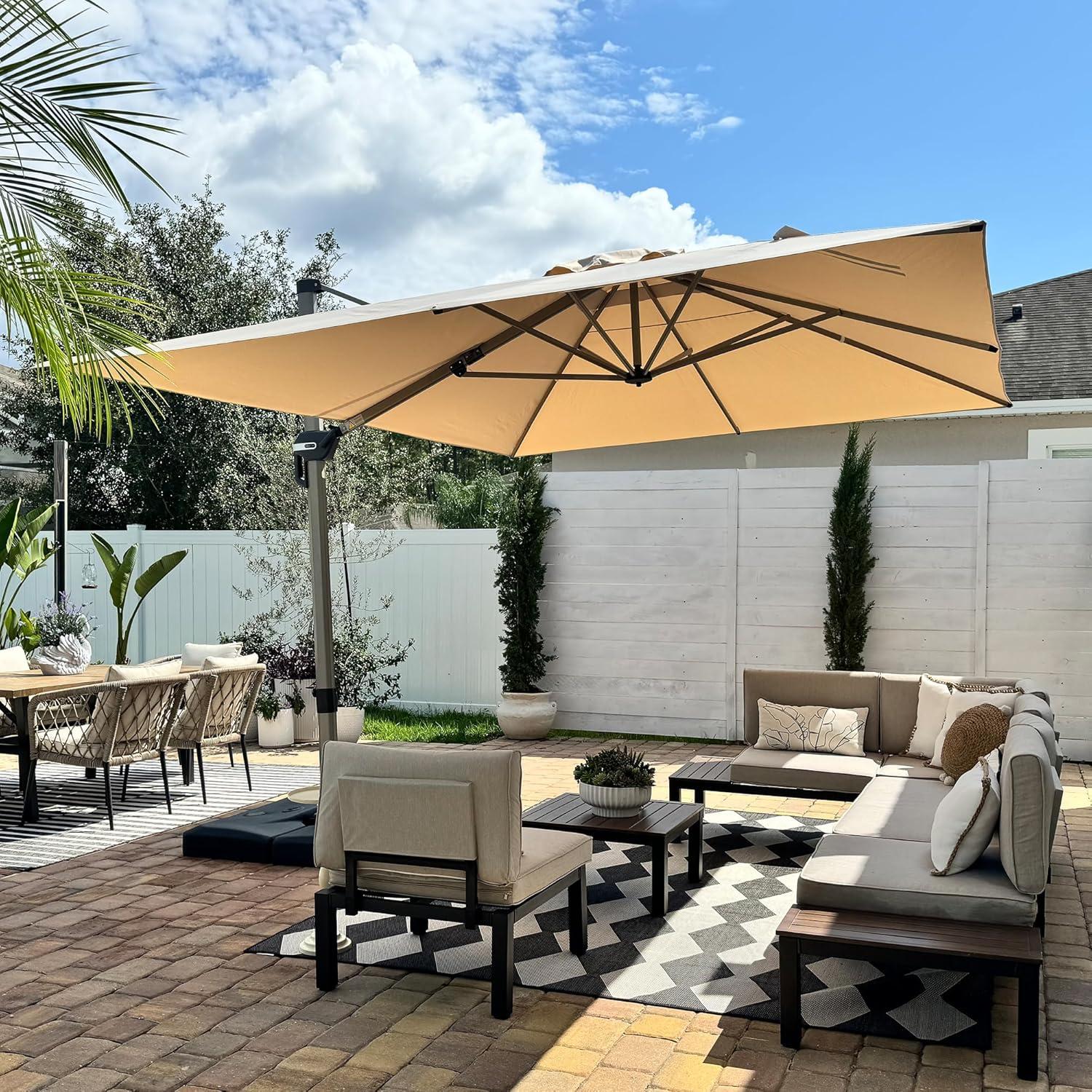 image:imagePURPLE LEAF 9 X 115 Patio Umbrella Rectangle Outdoor Cantilever Umbrella Aluminum Offset Umbrella with Champagne Frame and 360 Rotation for Pool Deck Garden GreyBeige