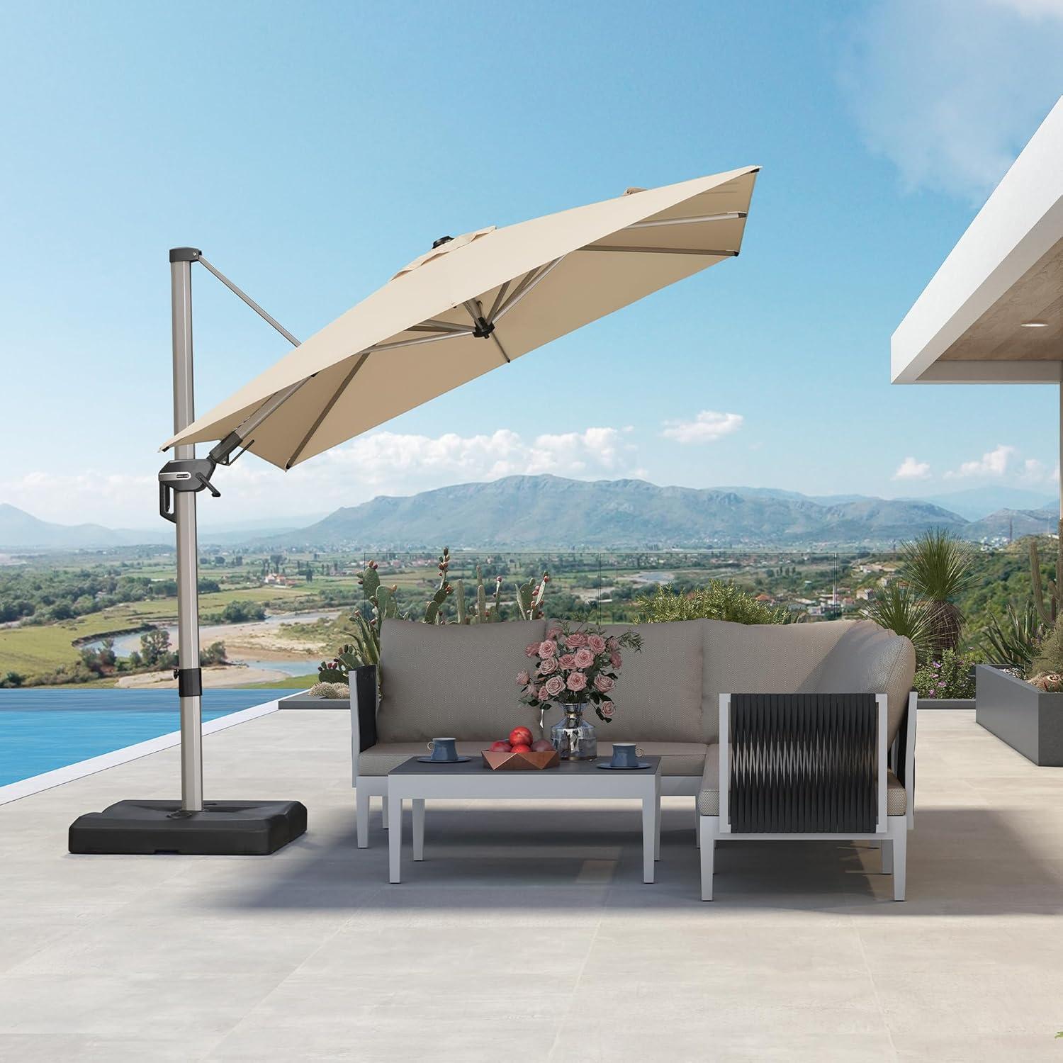 image:imagePURPLE LEAF 9 X 115 Patio Umbrella Rectangle Outdoor Cantilever Umbrella Aluminum Offset Umbrella with Champagne Frame and 360 Rotation for Pool Deck Garden GreyBeige
