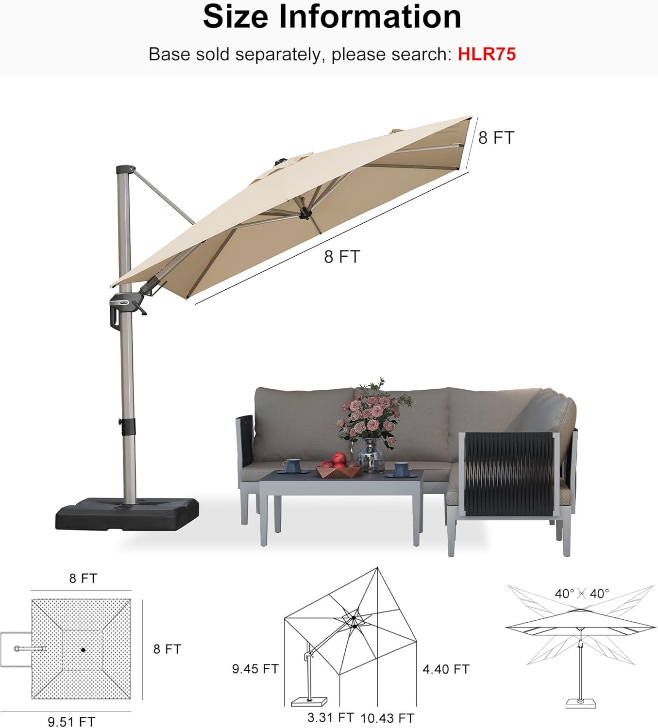 image:imagePURPLE LEAF 9 X 115 Patio Umbrella Rectangle Outdoor Cantilever Umbrella Aluminum Offset Umbrella with Champagne Frame and 360 Rotation for Pool Deck Garden GreyBeige