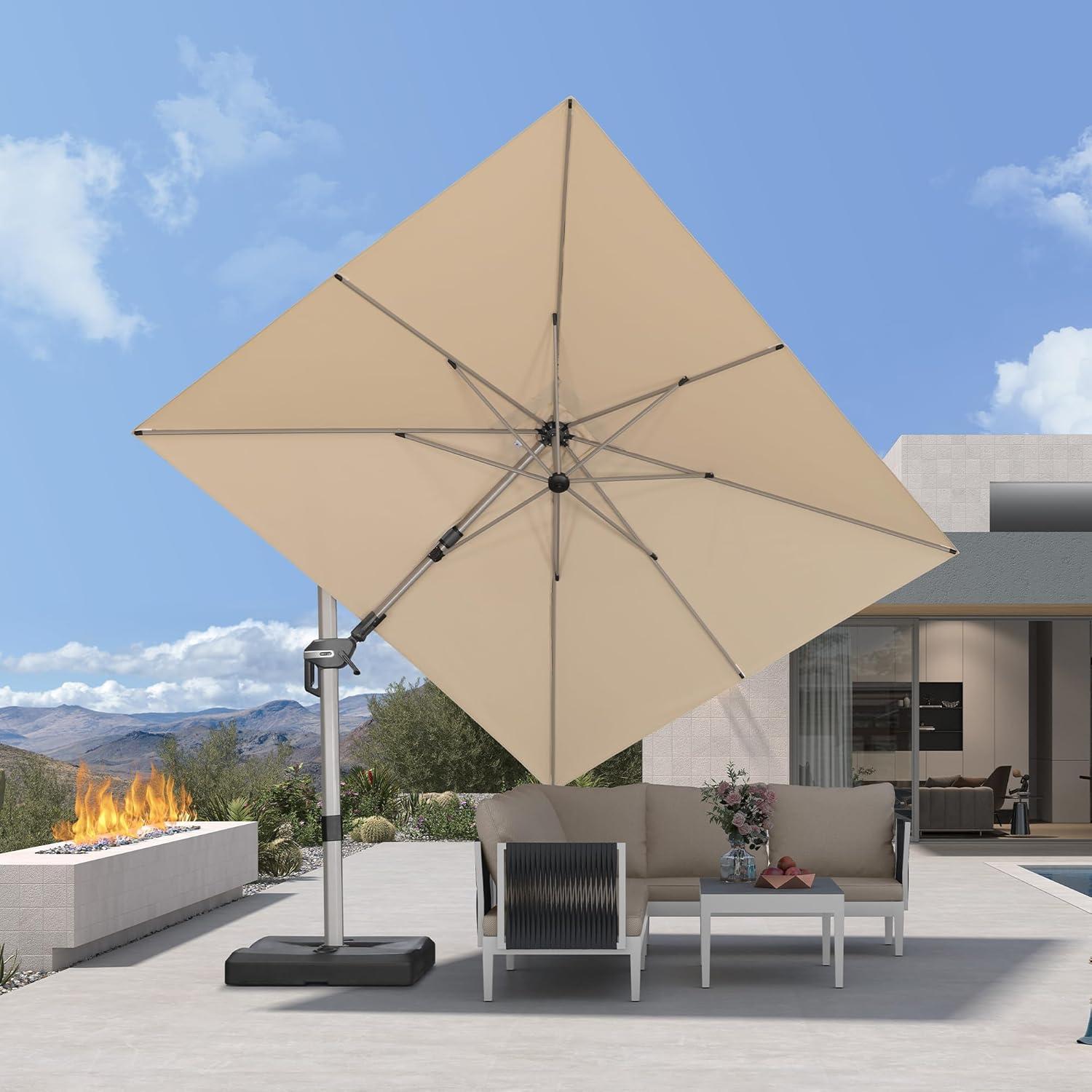 image:imagePURPLE LEAF 9 X 115 Patio Umbrella Rectangle Outdoor Cantilever Umbrella Aluminum Offset Umbrella with Champagne Frame and 360 Rotation for Pool Deck Garden GreyBeige