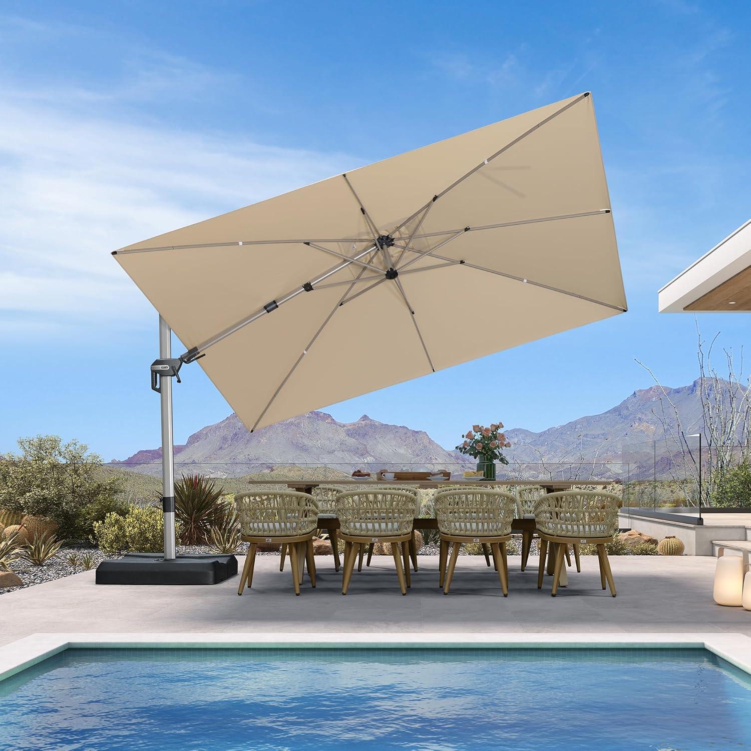image:imagePURPLE LEAF 9 X 115 Patio Umbrella Rectangle Outdoor Cantilever Umbrella Aluminum Offset Umbrella with Champagne Frame and 360 Rotation for Pool Deck Garden GreyBeige