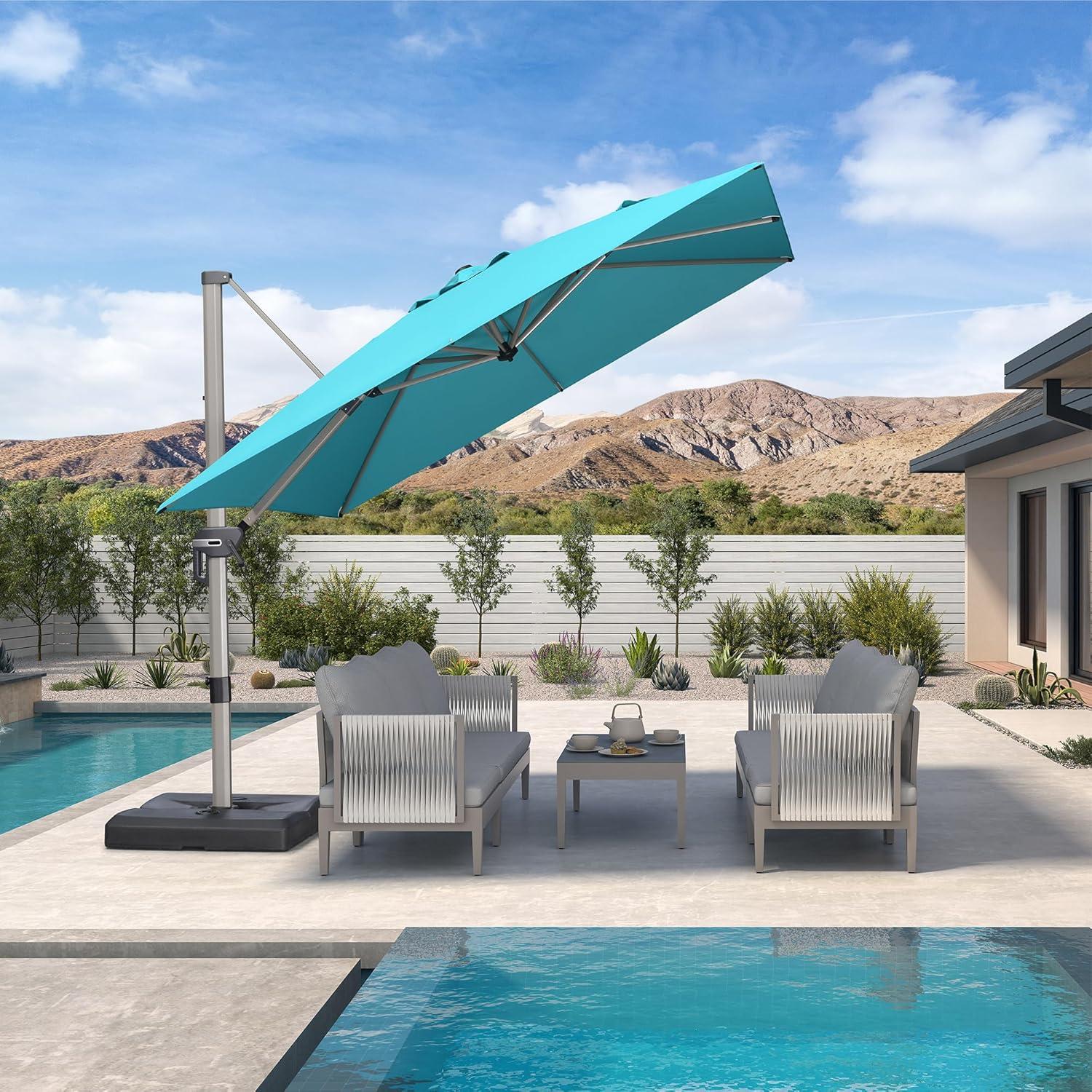image:imagePURPLE LEAF 9 X 115 Patio Umbrella Rectangle Outdoor Cantilever Umbrella Aluminum Offset Umbrella with Champagne Frame and 360 Rotation for Pool Deck Garden GreyTurquoise Blue