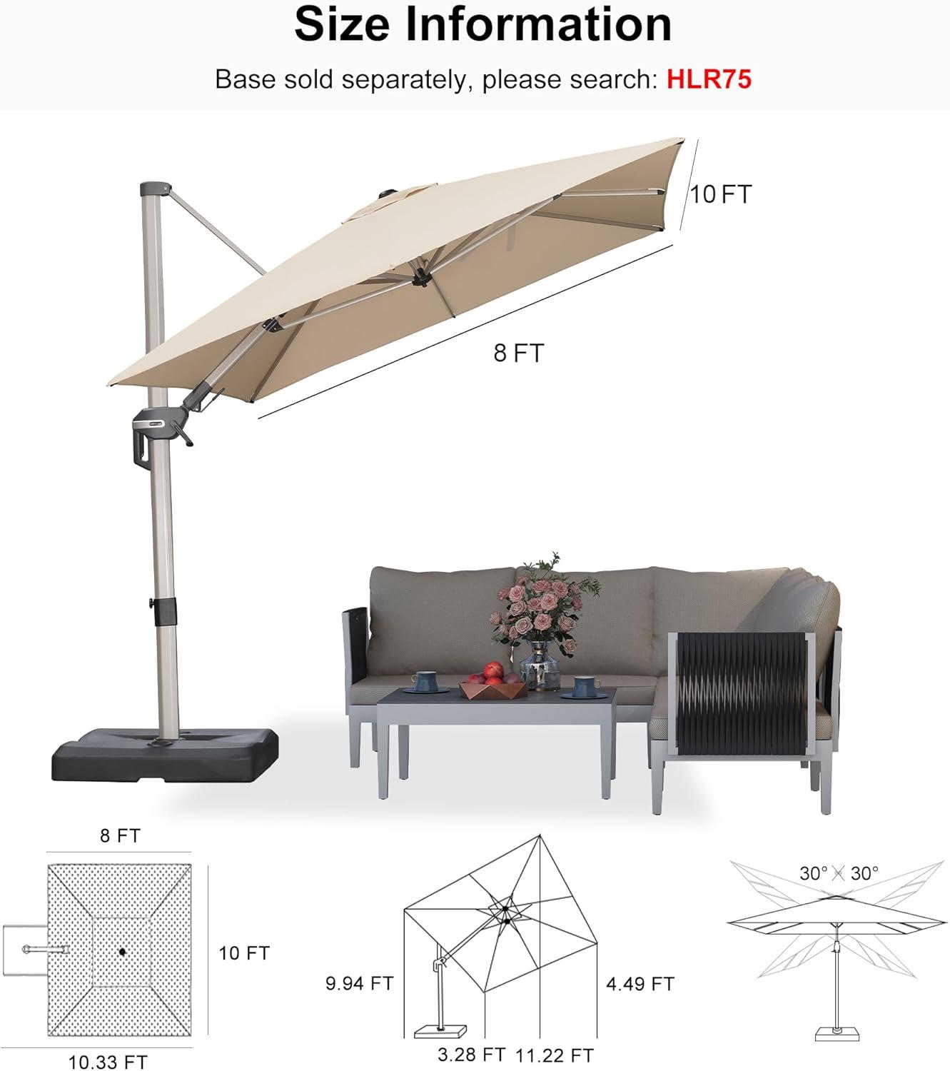 image:imagePURPLE LEAF 9 X 115 Patio Umbrella Rectangle Outdoor Cantilever Umbrella Aluminum Offset Umbrella with Champagne Frame and 360 Rotation for Pool Deck Garden GreyBeige