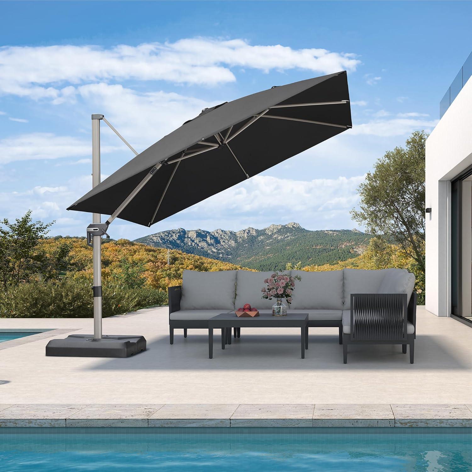 image:imagePURPLE LEAF 9 X 115 Patio Umbrella Rectangle Outdoor Cantilever Umbrella Aluminum Offset Umbrella with Champagne Frame and 360 Rotation for Pool Deck Garden GreyBlack
