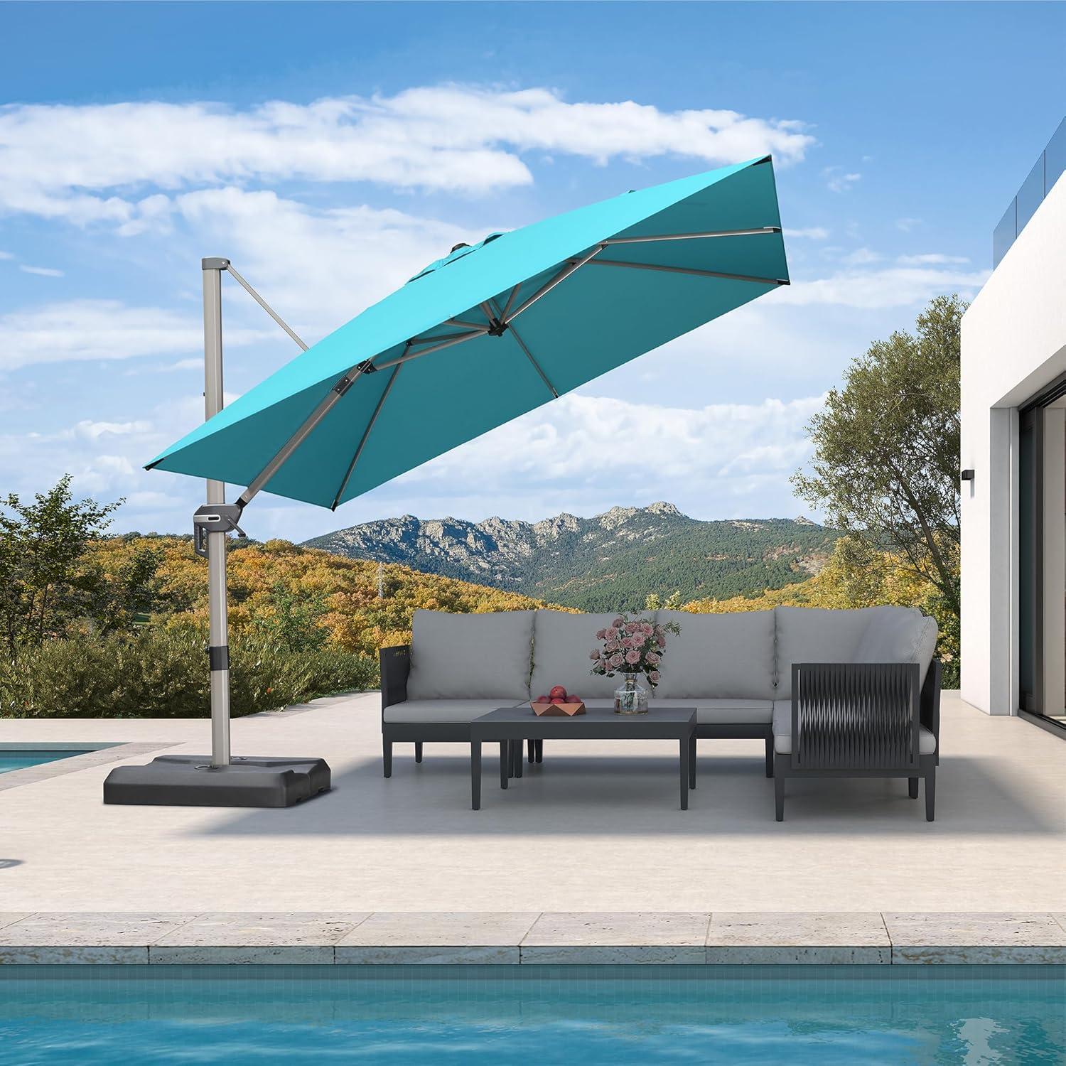 image:imagePURPLE LEAF 9 X 115 Patio Umbrella Rectangle Outdoor Cantilever Umbrella Aluminum Offset Umbrella with Champagne Frame and 360 Rotation for Pool Deck Garden GreyTurquoise Blue