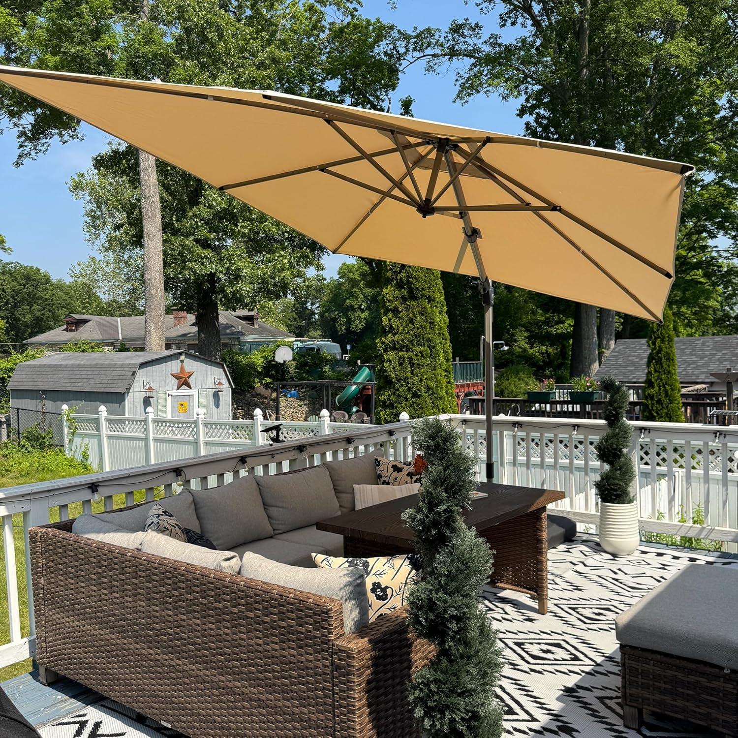 image:imagePURPLE LEAF 9 X 115 Patio Umbrella Rectangle Outdoor Cantilever Umbrella Aluminum Offset Umbrella with Champagne Frame and 360 Rotation for Pool Deck Garden GreyBeige