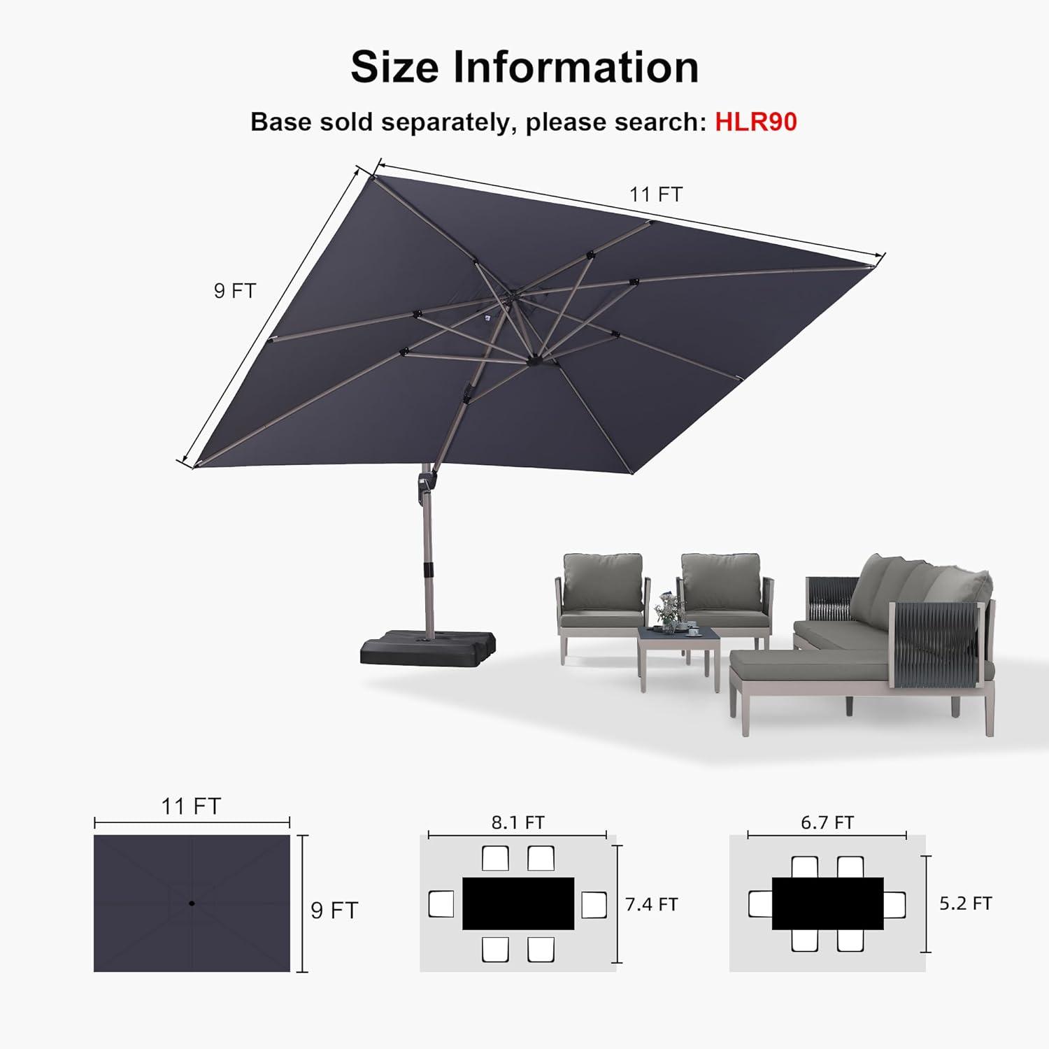 image:imagePURPLE LEAF 9 X 115 Patio Umbrella Rectangle Outdoor Cantilever Umbrella Aluminum Offset Umbrella with Champagne Frame and 360 Rotation for Pool Deck Garden GreyLight Grey