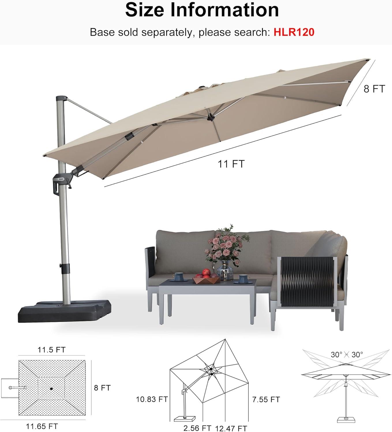 image:imagePURPLE LEAF 9 X 115 Patio Umbrella Rectangle Outdoor Cantilever Umbrella Aluminum Offset Umbrella with Champagne Frame and 360 Rotation for Pool Deck Garden GreyBeige