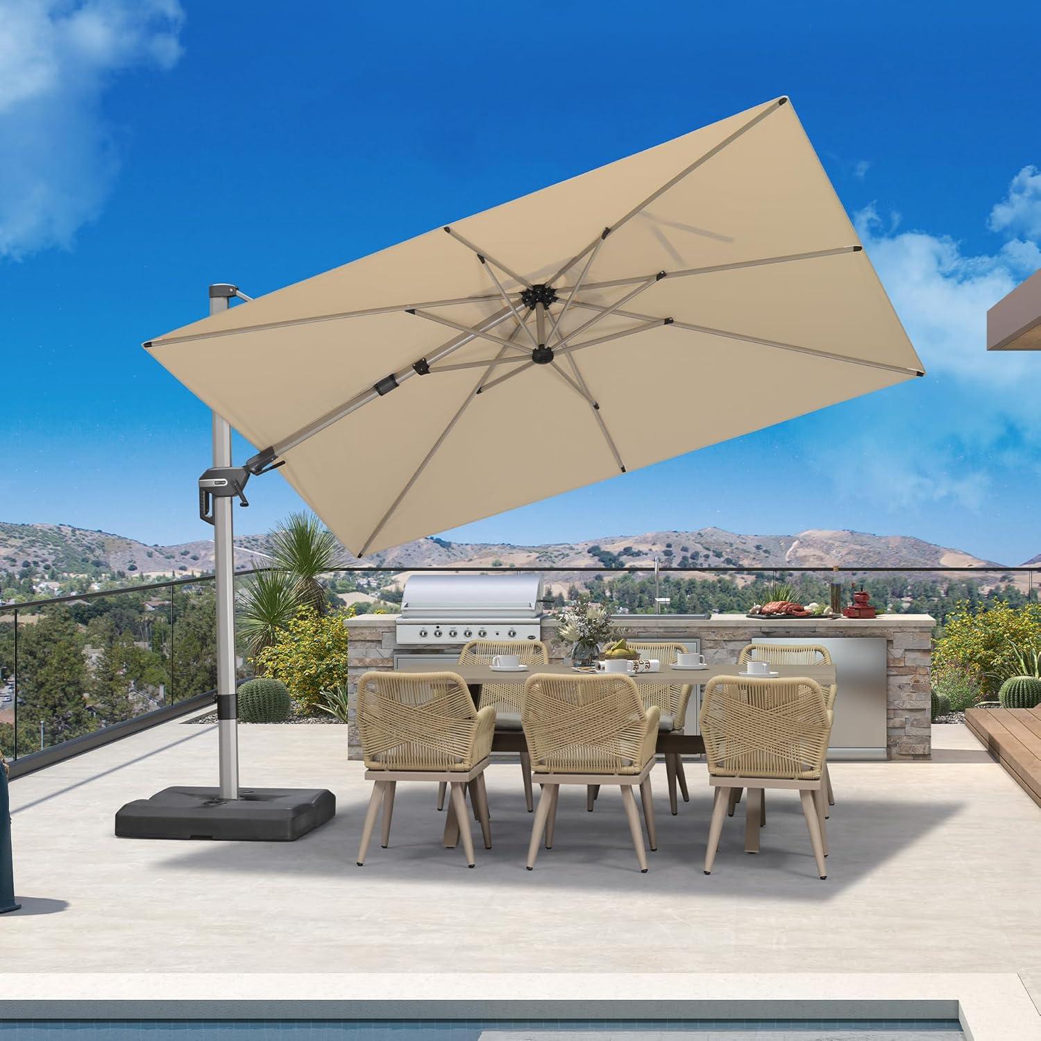 image:imagePURPLE LEAF 9 X 115 Patio Umbrella Rectangle Outdoor Cantilever Umbrella Aluminum Offset Umbrella with Champagne Frame and 360 Rotation for Pool Deck Garden GreyBeige