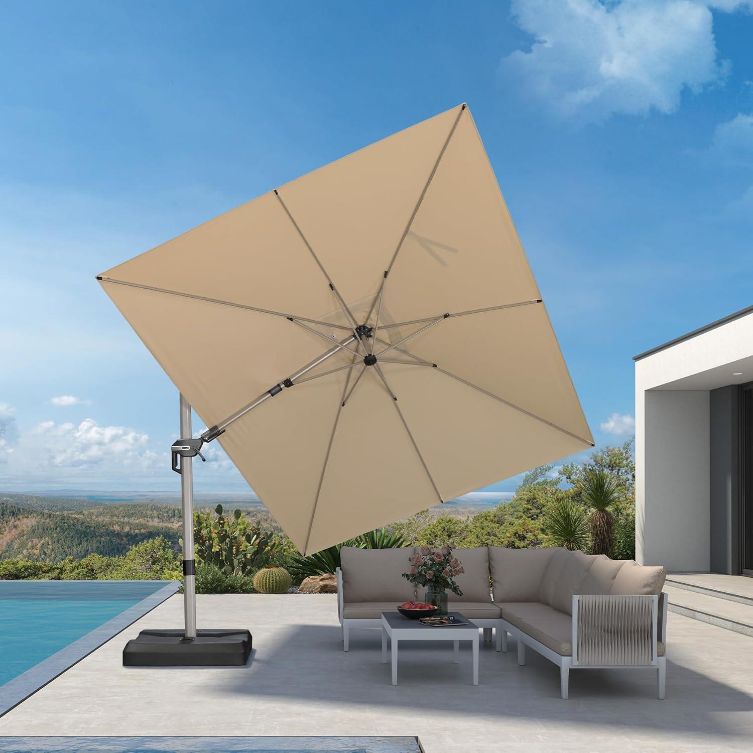 image:imagePURPLE LEAF 9 X 115 Patio Umbrella Rectangle Outdoor Cantilever Umbrella Aluminum Offset Umbrella with Champagne Frame and 360 Rotation for Pool Deck Garden GreyBeige