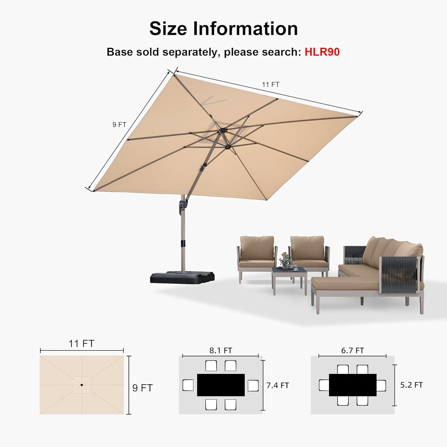 image:imagePURPLE LEAF 9 X 115 Patio Umbrella Rectangle Outdoor Cantilever Umbrella Aluminum Offset Umbrella with Champagne Frame and 360 Rotation for Pool Deck Garden GreyBeige
