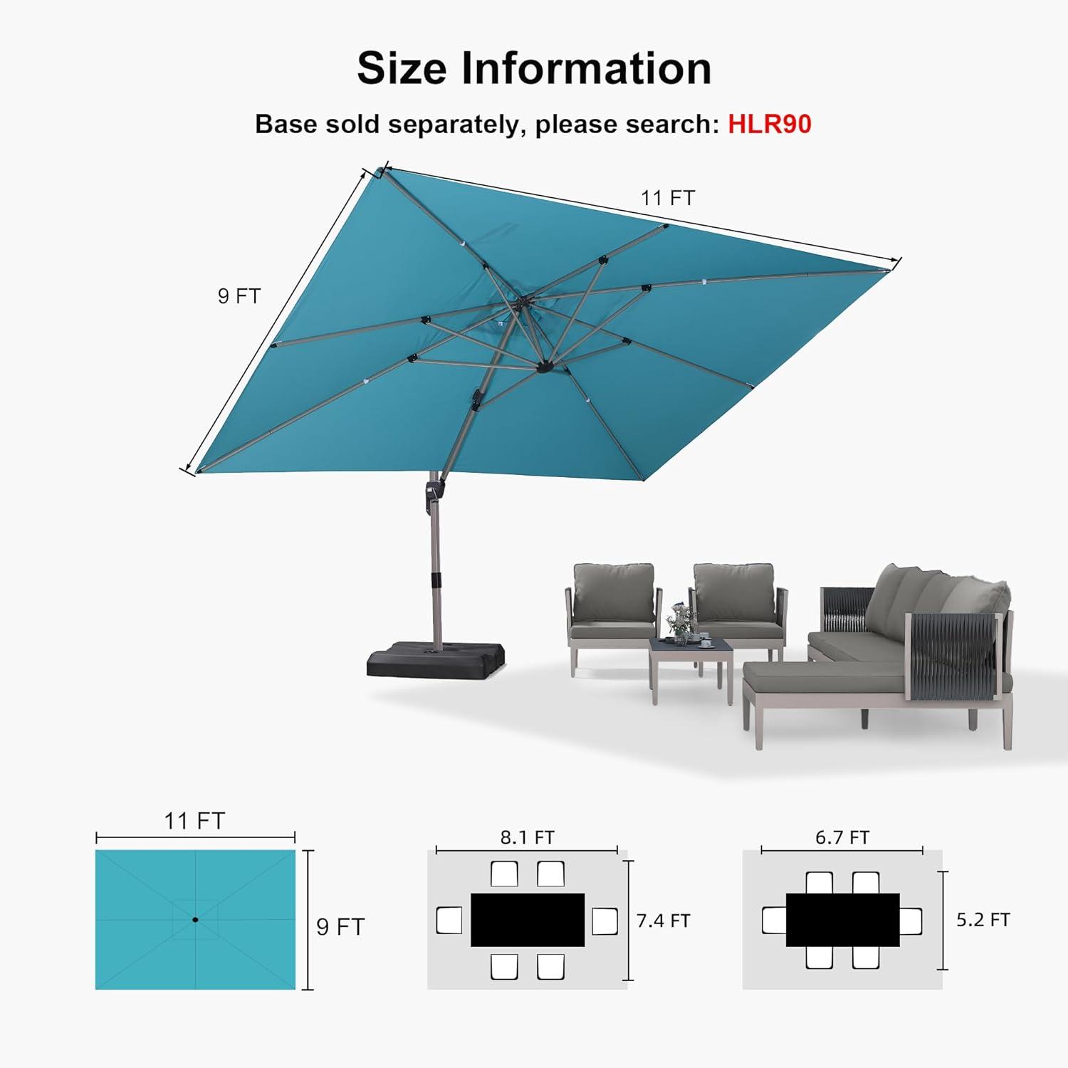 image:imagePURPLE LEAF 9 X 115 Patio Umbrella Rectangle Outdoor Cantilever Umbrella Aluminum Offset Umbrella with Champagne Frame and 360 Rotation for Pool Deck Garden GreyTurquoise Blue