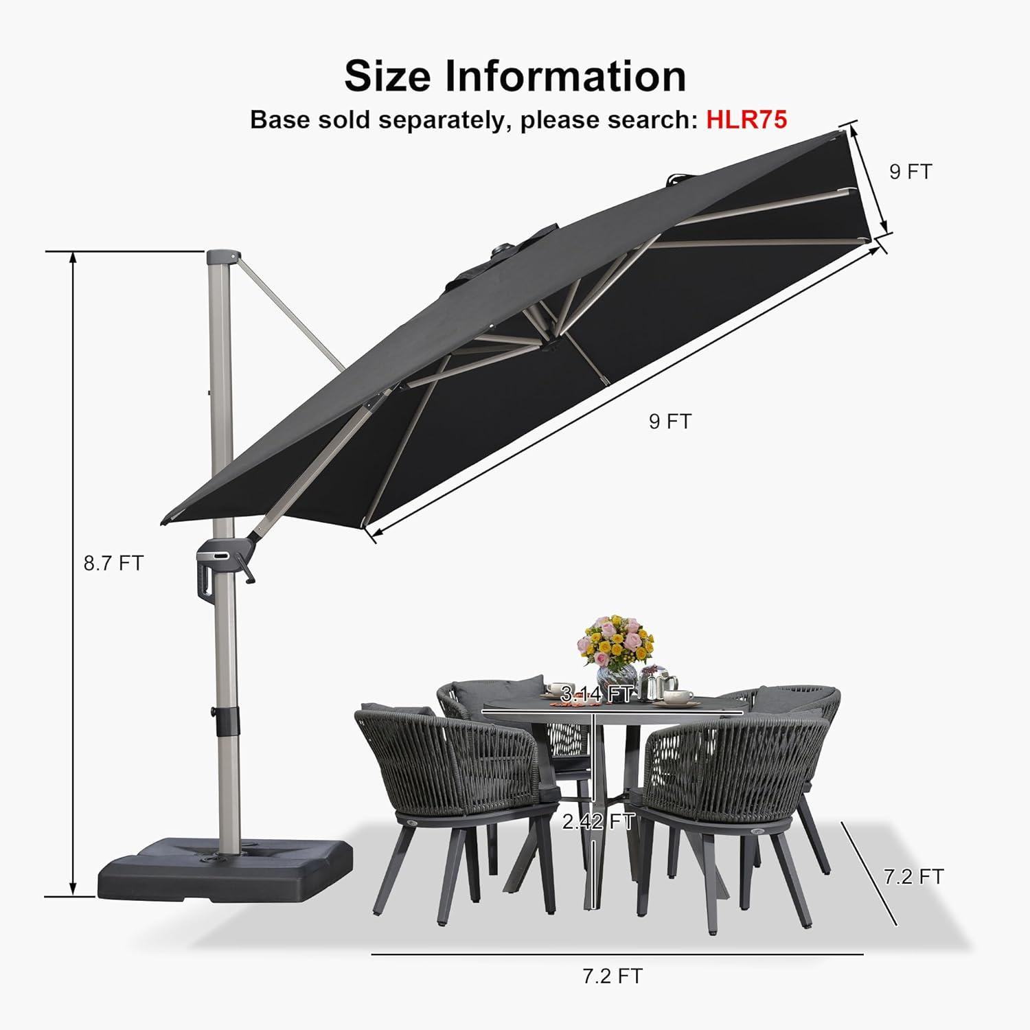 image:imagePURPLE LEAF 9 X 115 Patio Umbrella Rectangle Outdoor Cantilever Umbrella Aluminum Offset Umbrella with Champagne Frame and 360 Rotation for Pool Deck Garden GreyBlack