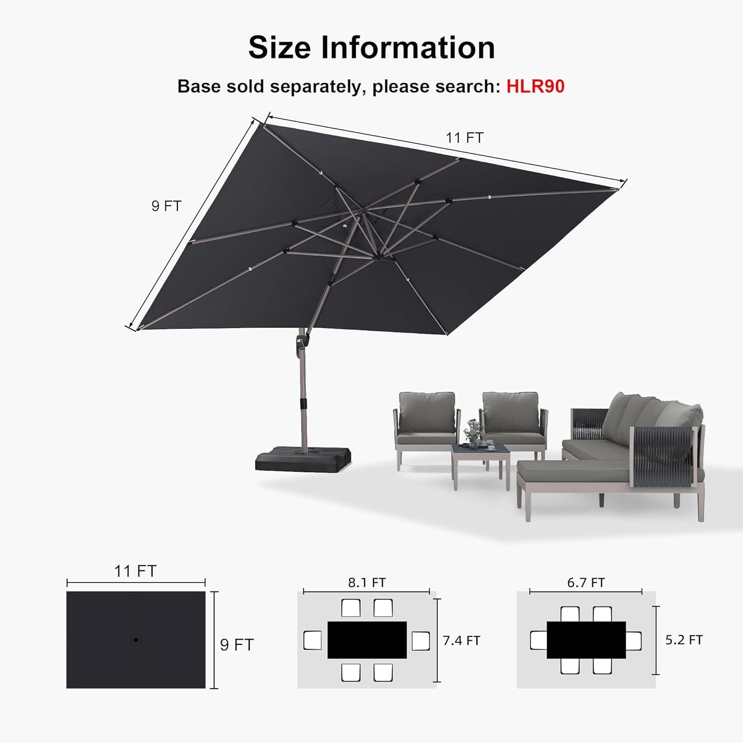 image:imagePURPLE LEAF 9 X 115 Patio Umbrella Rectangle Outdoor Cantilever Umbrella Aluminum Offset Umbrella with Champagne Frame and 360 Rotation for Pool Deck Garden GreyBlack