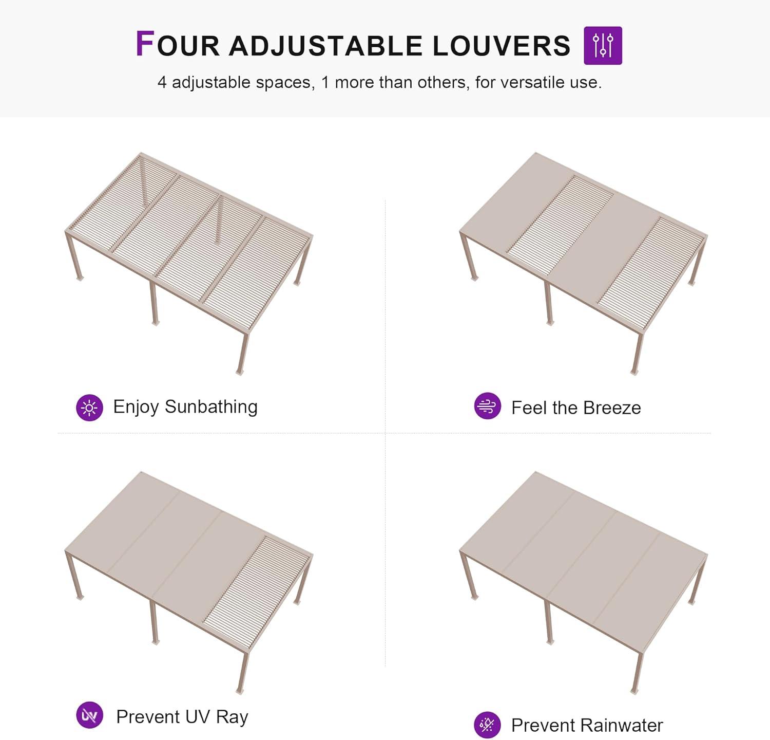image:imagePURPLE LEAF Louvered Pergola 12 24 Outdoor Hardtop Gazebo Adjustable Aluminum Sun Shade for Deck Garden Backyard Patio Retractable Roof CanopyAluminum with Lights