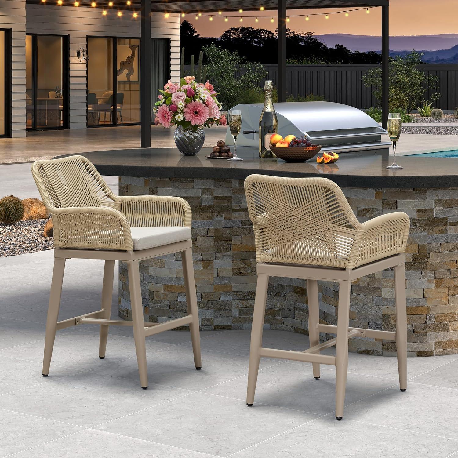 image:imagePURPLE LEAF Outdoor 29 Bar Stools Set of 2 Boho Patio Bar Height Chair with Cushion and Back for Outdoor and Indoor Garden Patio TeakChampagne