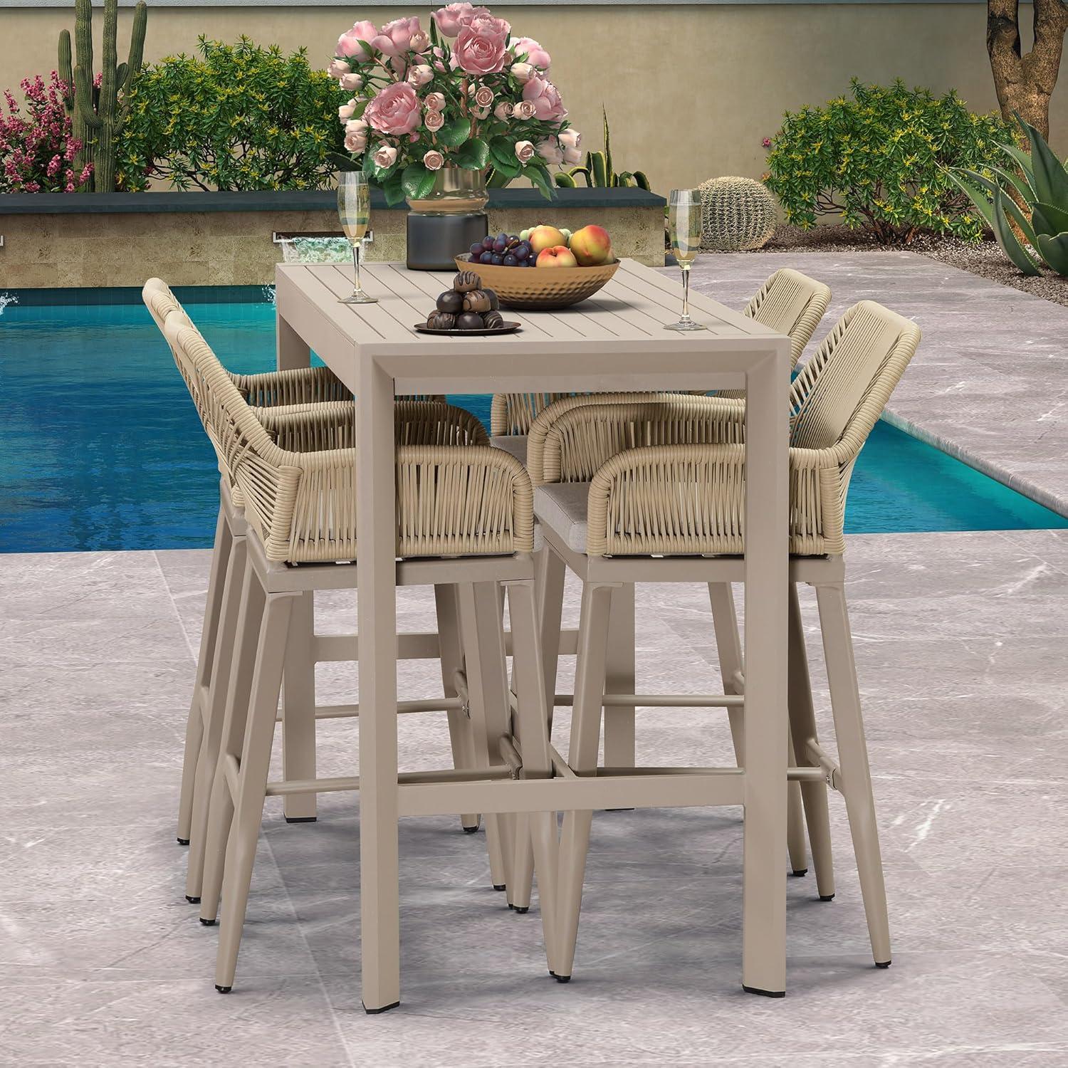 image:imagePURPLE LEAF Outdoor 29 Bar Stools Set of 2 Boho Patio Bar Height Chair with Cushion and Back for Outdoor and Indoor Garden Patio TeakChampagne