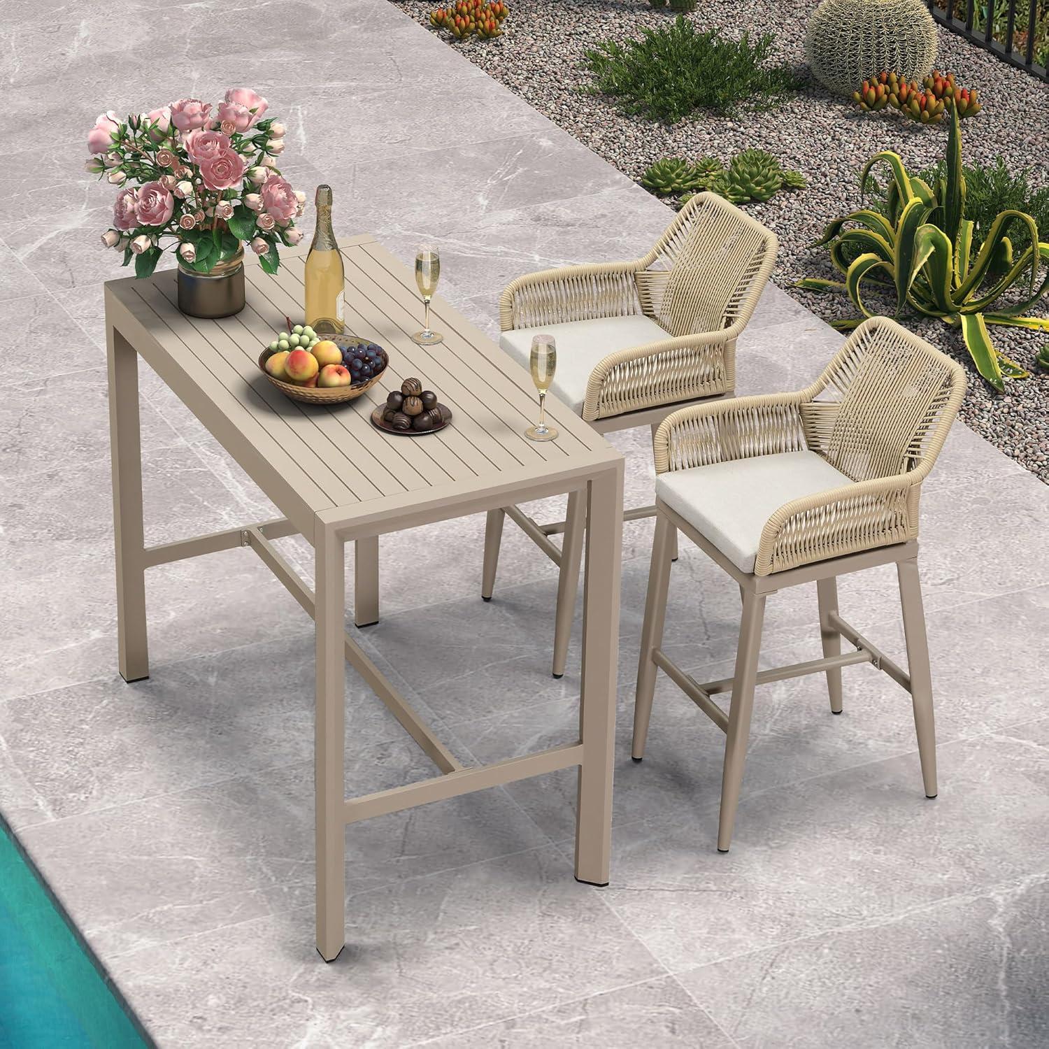image:imagePURPLE LEAF Outdoor 29 Bar Stools Set of 2 Boho Patio Bar Height Chair with Cushion and Back for Outdoor and Indoor Garden Patio TeakChampagne