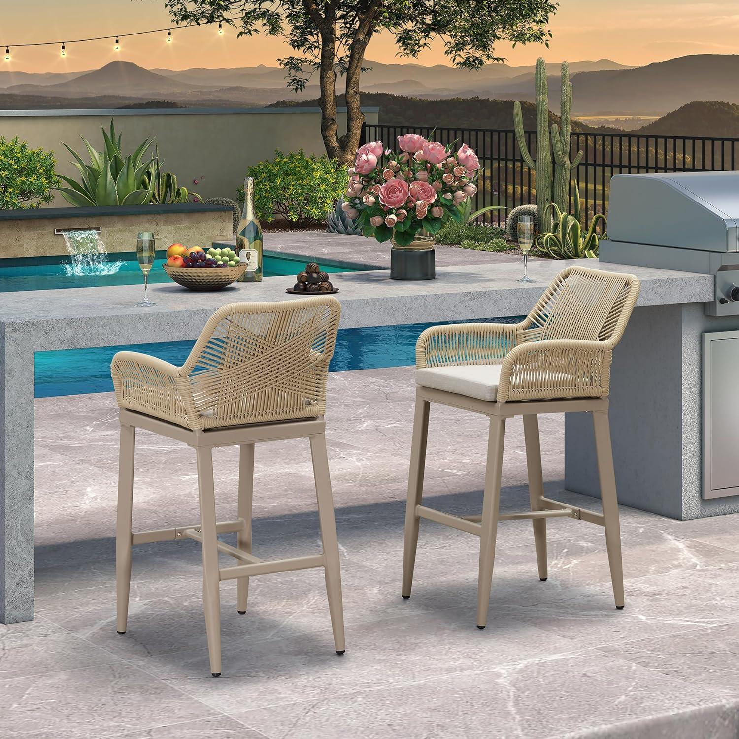 image:imagePURPLE LEAF Outdoor 29 Bar Stools Set of 2 Boho Patio Bar Height Chair with Cushion and Back for Outdoor and Indoor Garden Patio TeakChampagne