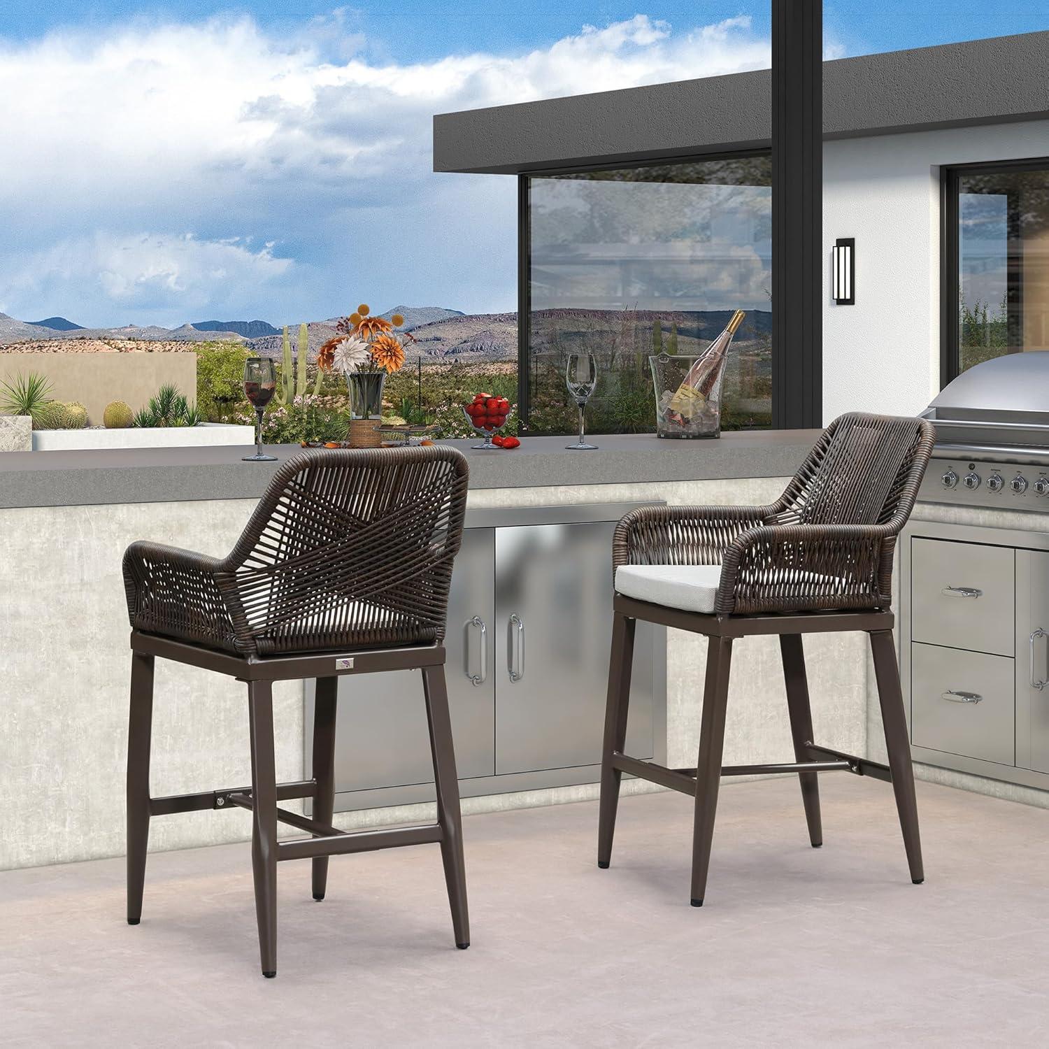 image:imagePURPLE LEAF Outdoor 29 Bar Stools Set of 2 Boho Patio Bar Height Chair with Cushion and Back for Outdoor and Indoor Garden Patio TeakCoffee