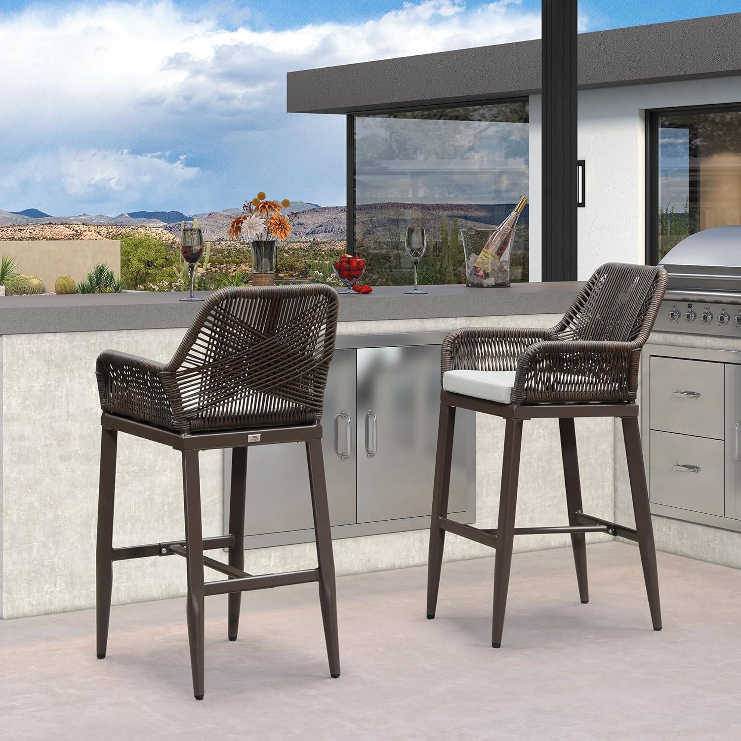image:imagePURPLE LEAF Outdoor 29 Bar Stools Set of 2 Boho Patio Bar Height Chair with Cushion and Back for Outdoor and Indoor Garden Patio TeakCoffee
