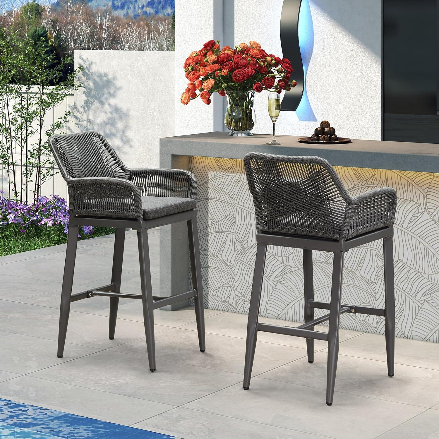 image:imagePURPLE LEAF Outdoor 29 Bar Stools Set of 2 Boho Patio Bar Height Chair with Cushion and Back for Outdoor and Indoor Garden Patio TeakGrey