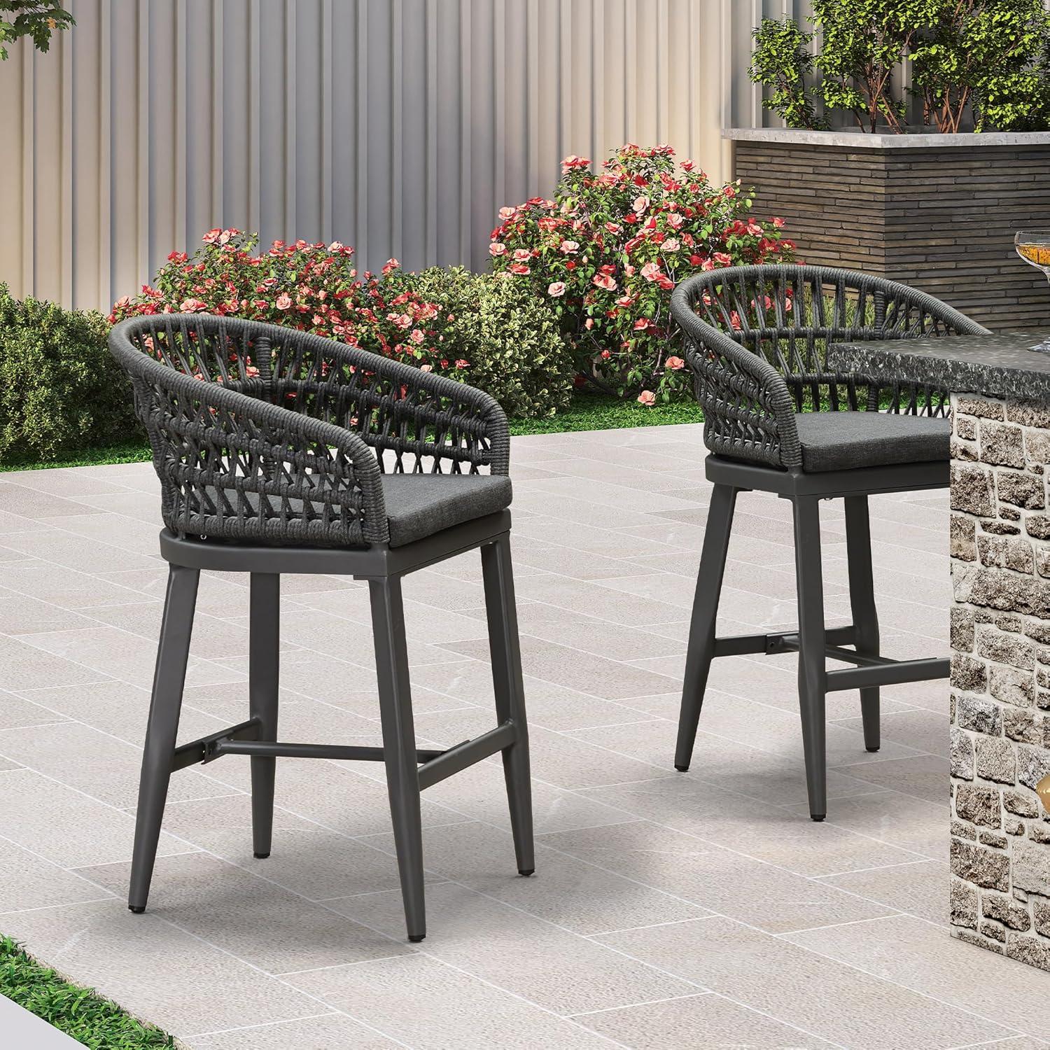 image:imagePURPLE LEAF Outdoor 29 Bar Stools Set of 2 Boho Patio Bar Height Chair with Cushion and Back for Outdoor and Indoor Garden Patio TeakGrey