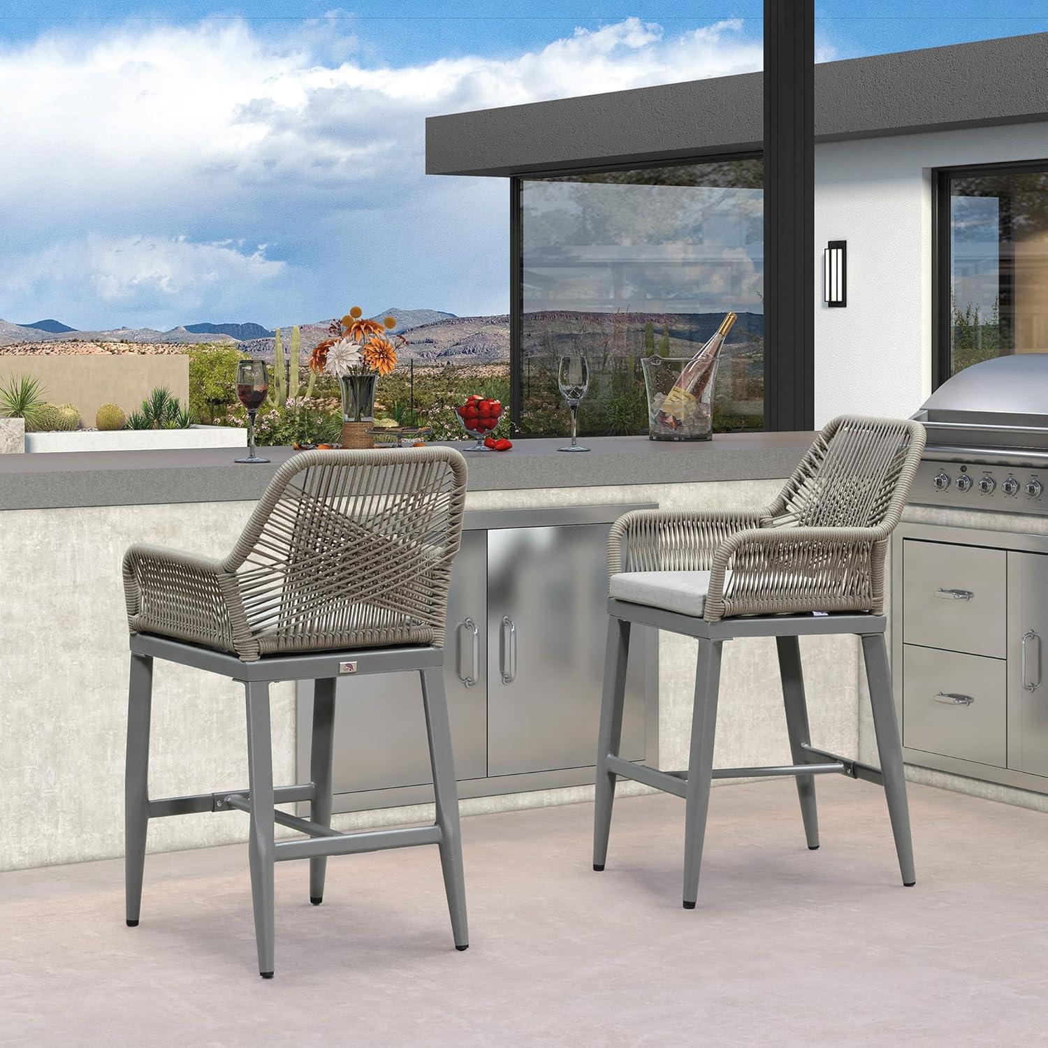 image:imagePURPLE LEAF Outdoor 29 Bar Stools Set of 2 Boho Patio Bar Height Chair with Cushion and Back for Outdoor and Indoor Garden Patio TeakLight Grey