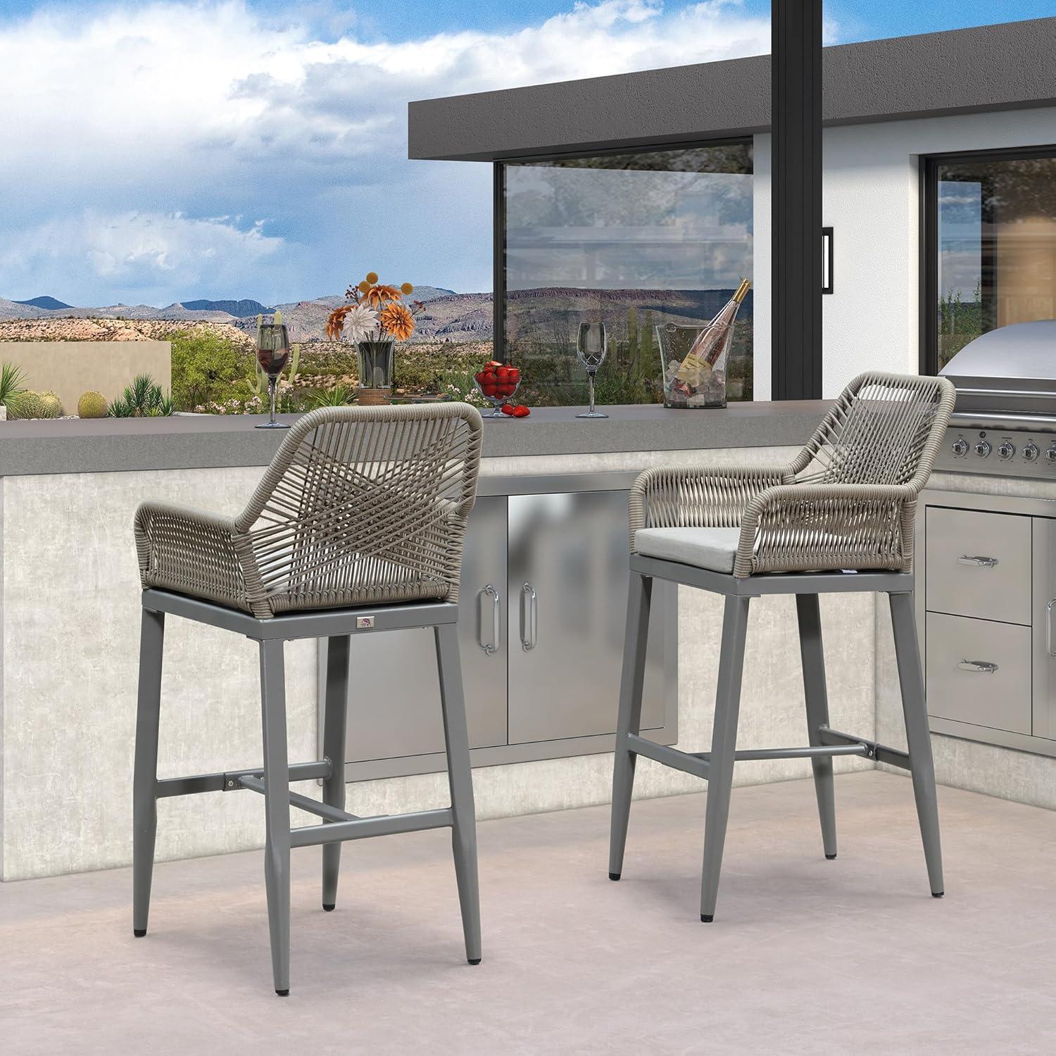 image:imagePURPLE LEAF Outdoor 29 Bar Stools Set of 2 Boho Patio Bar Height Chair with Cushion and Back for Outdoor and Indoor Garden Patio TeakLight Grey