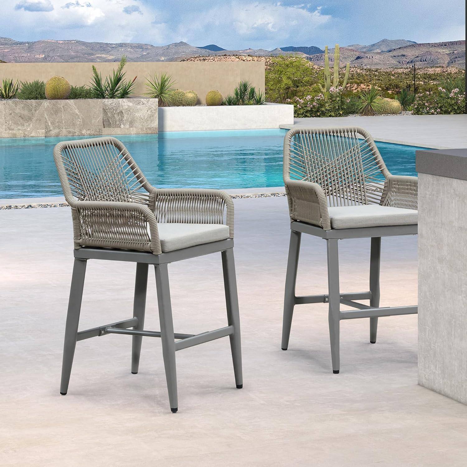 image:imagePURPLE LEAF Outdoor 29 Bar Stools Set of 2 Boho Patio Bar Height Chair with Cushion and Back for Outdoor and Indoor Garden Patio TeakLight Grey