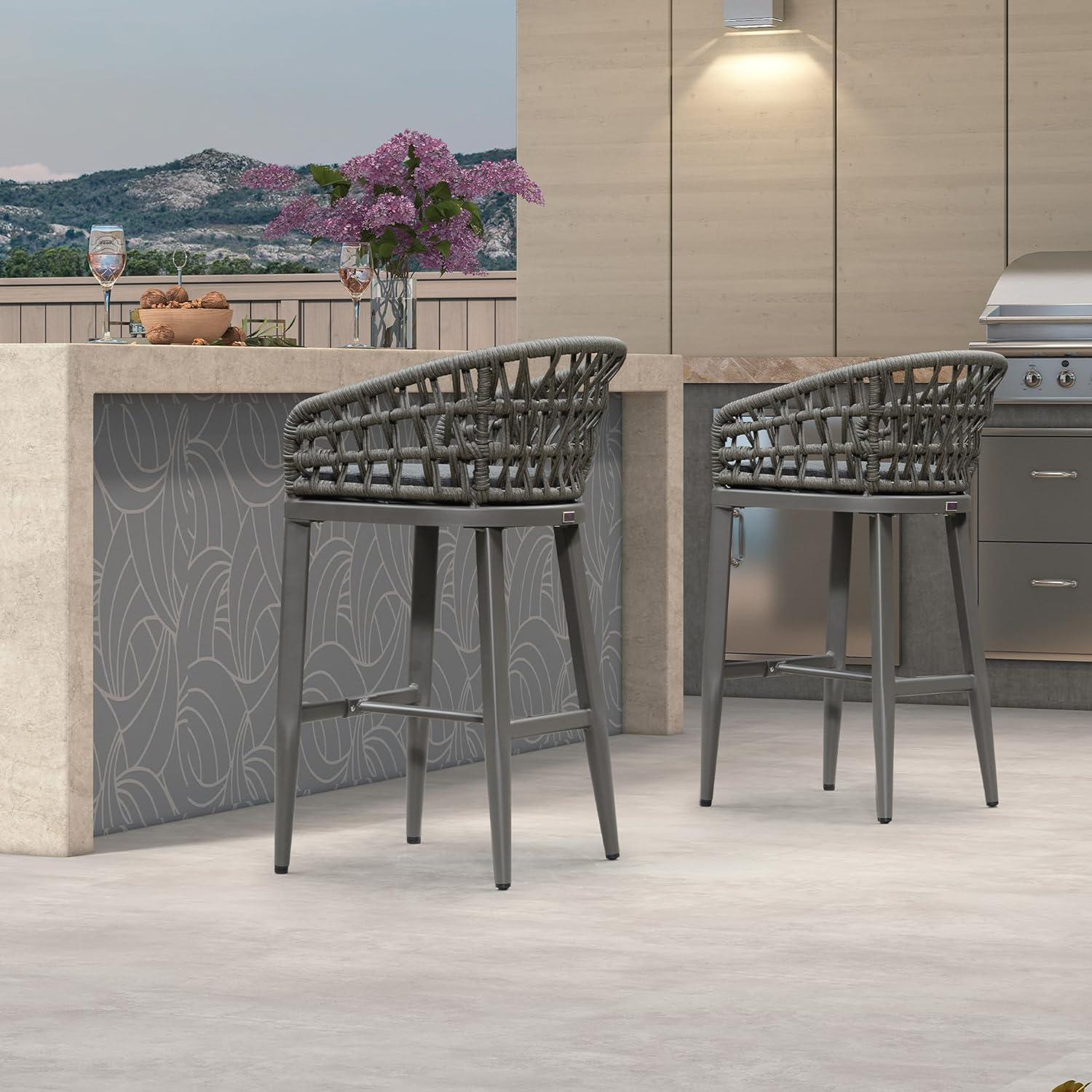 image:imagePURPLE LEAF Outdoor 29 Bar Stools Set of 2 Boho Patio Bar Height Chair with Cushion and Back for Outdoor and Indoor Garden Patio TeakSmoke Grey