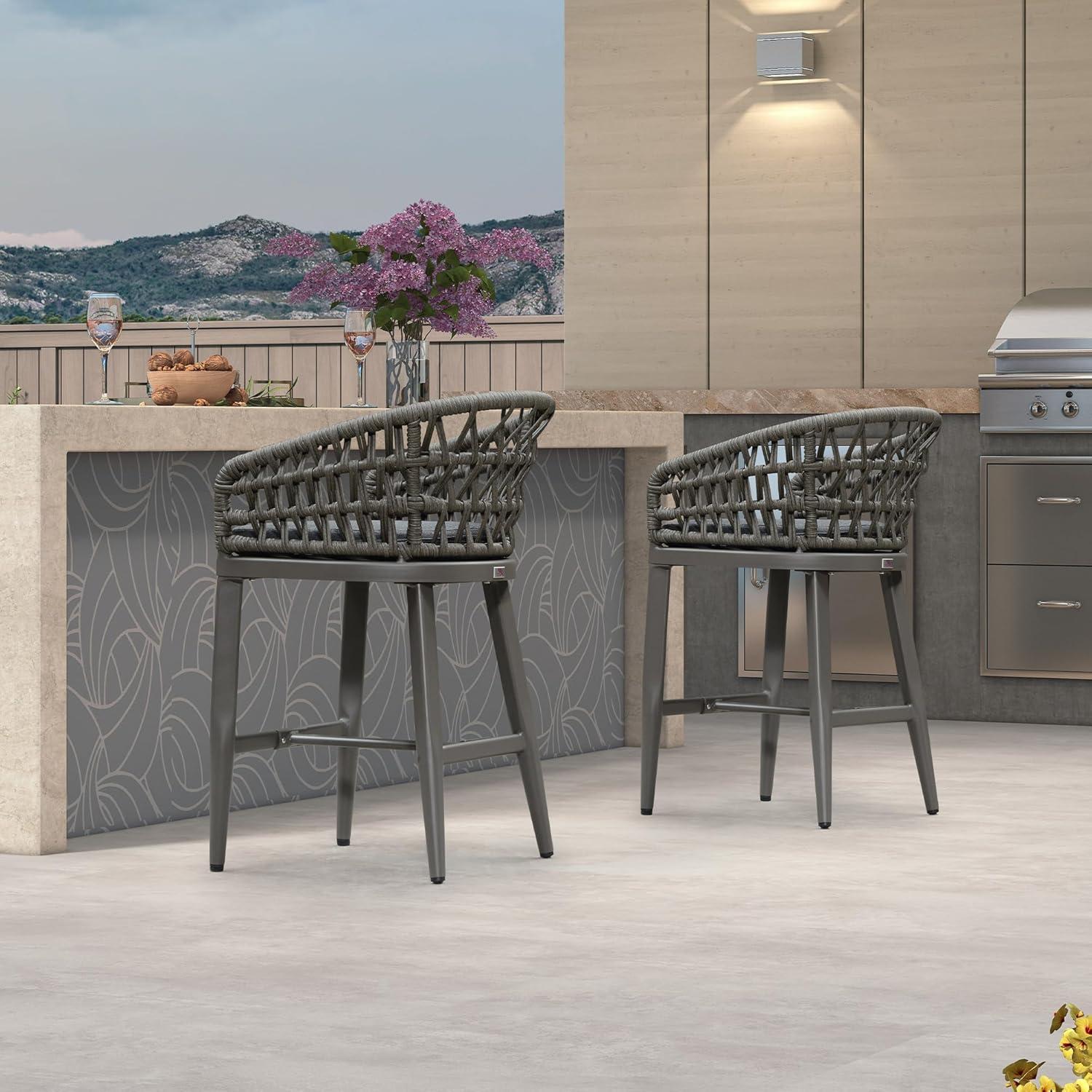 image:imagePURPLE LEAF Outdoor 29 Bar Stools Set of 2 Boho Patio Bar Height Chair with Cushion and Back for Outdoor and Indoor Garden Patio TeakSmoke Grey
