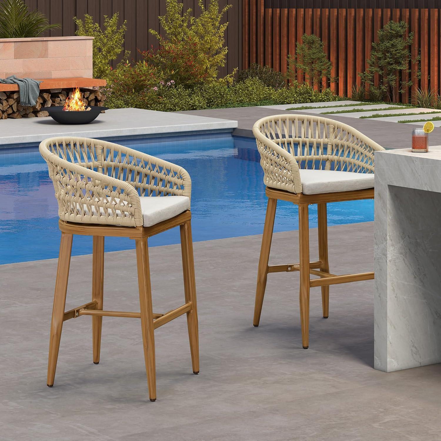 image:imagePURPLE LEAF Outdoor 29 Bar Stools Set of 2 Boho Patio Bar Height Chair with Cushion and Back for Outdoor and Indoor Garden Patio TeakTeak