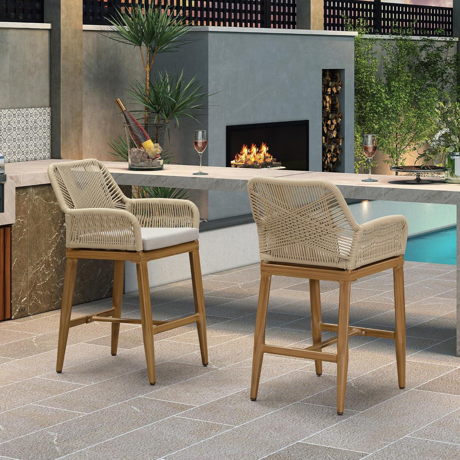 image:imagePURPLE LEAF Outdoor 29 Bar Stools Set of 2 Boho Patio Bar Height Chair with Cushion and Back for Outdoor and Indoor Garden Patio TeakTeak