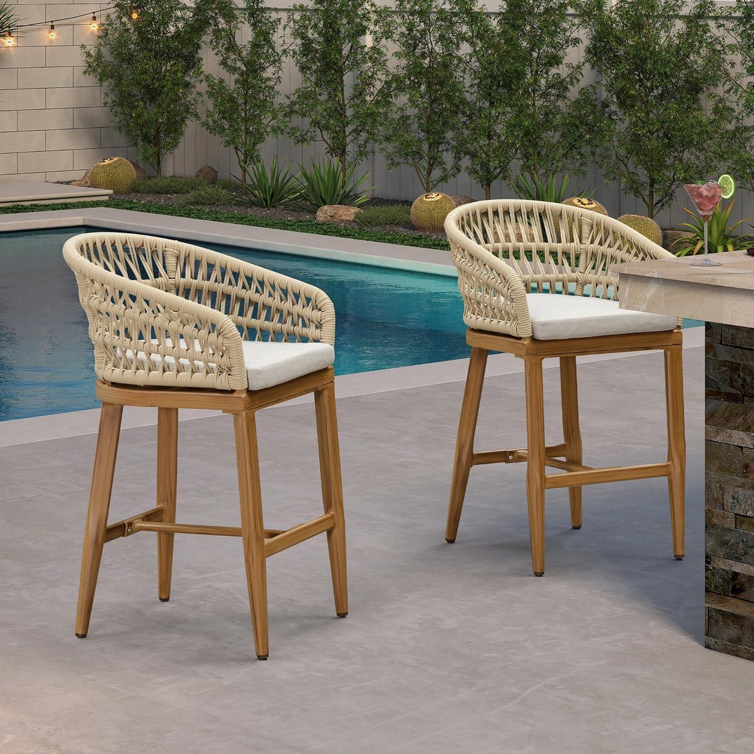 image:imagePURPLE LEAF Outdoor 29 Bar Stools Set of 2 Boho Patio Bar Height Chair with Cushion and Back for Outdoor and Indoor Garden Patio TeakTeak