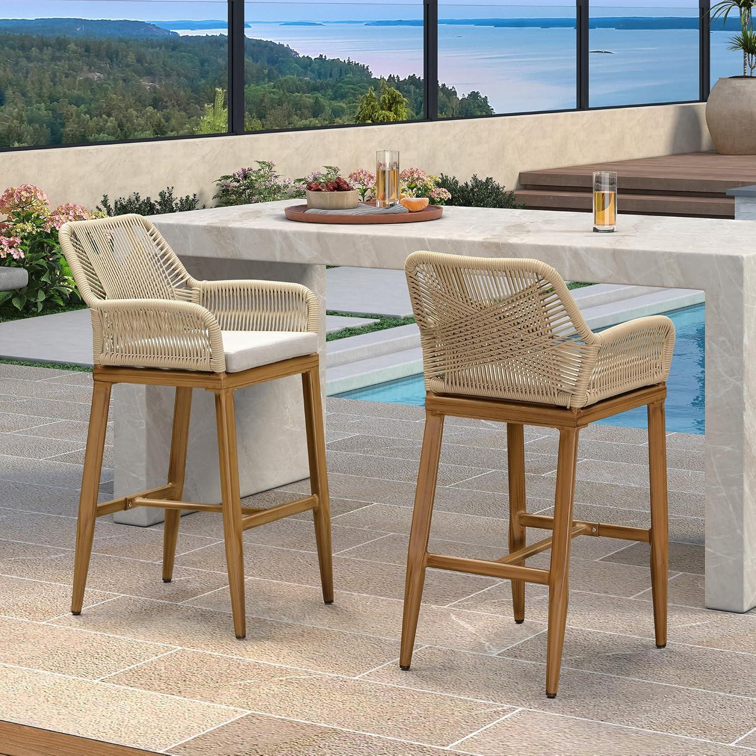 image:imagePURPLE LEAF Outdoor 29 Bar Stools Set of 2 Boho Patio Bar Height Chair with Cushion and Back for Outdoor and Indoor Garden Patio TeakTeak