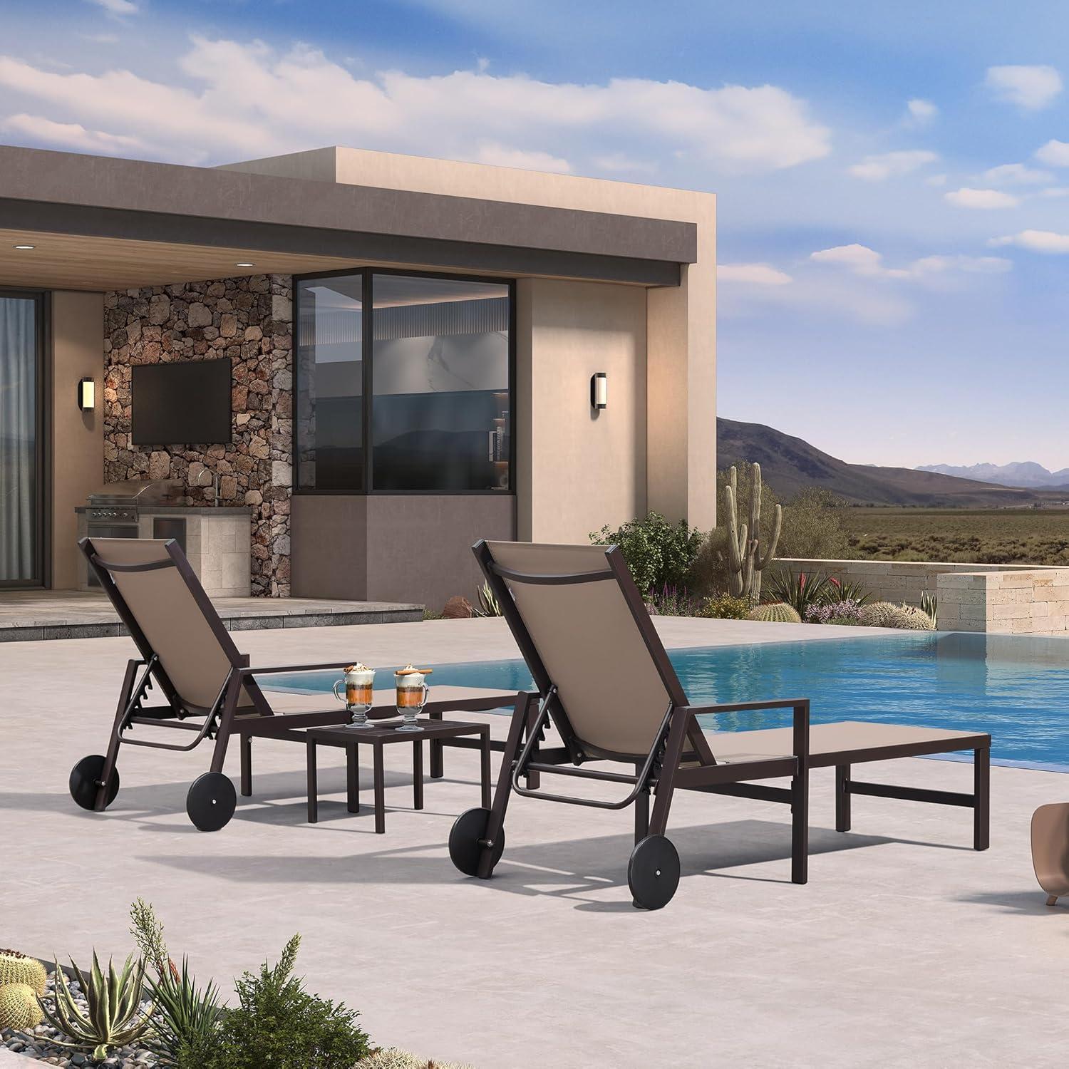 image:imagePURPLE LEAF Outdoor Chaise Lounge Chair Set of 2 Patio Pool Textilene Loungers with Adjustable Backrest and Wheels Includes Side Table for Deck Lawn Garden CreamTaupe