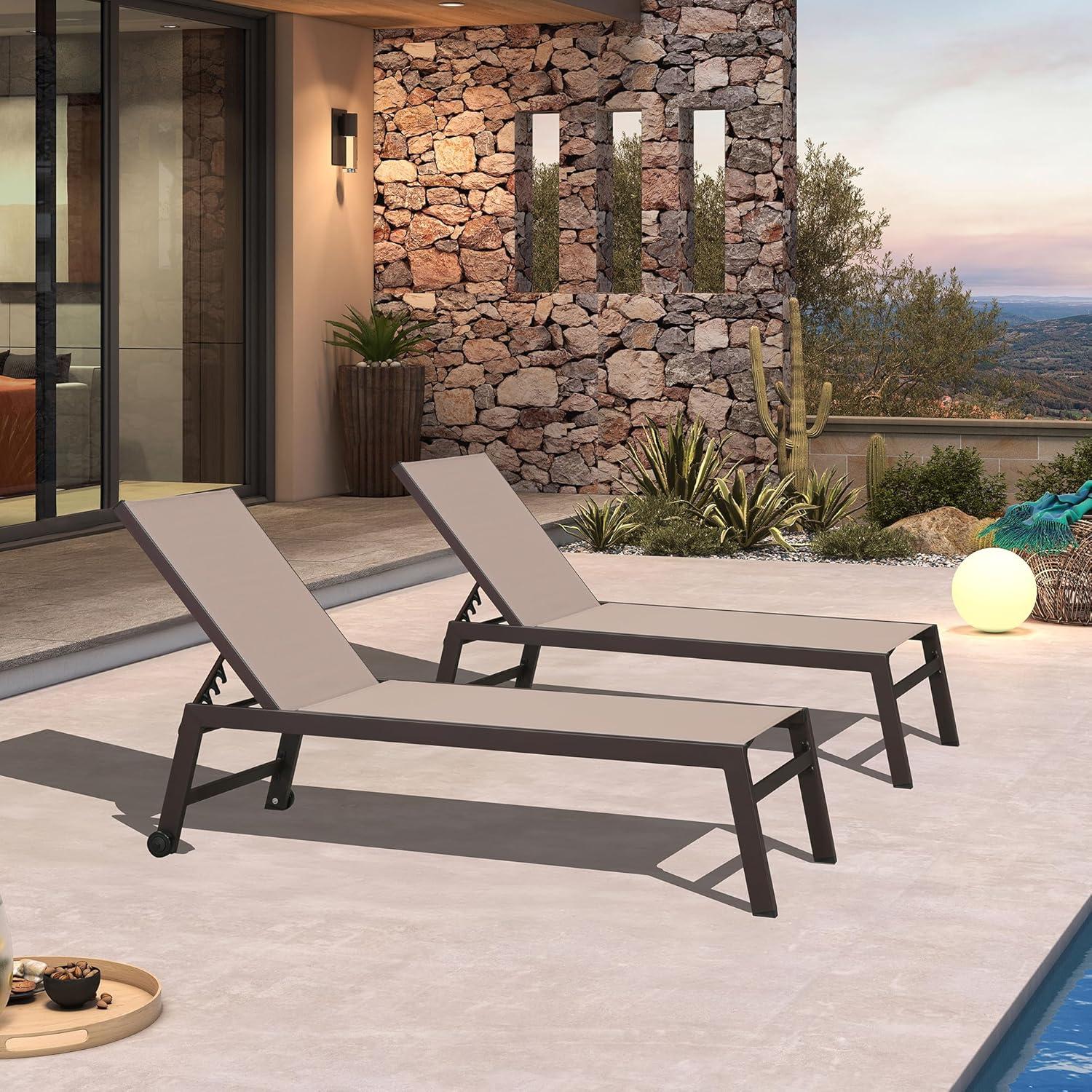 image:imagePURPLE LEAF Outdoor Chaise Lounge Chair Set of 2 Patio Pool Textilene Loungers with Adjustable Backrest and Wheels Includes Side Table for Deck Lawn Garden CreamTaupe
