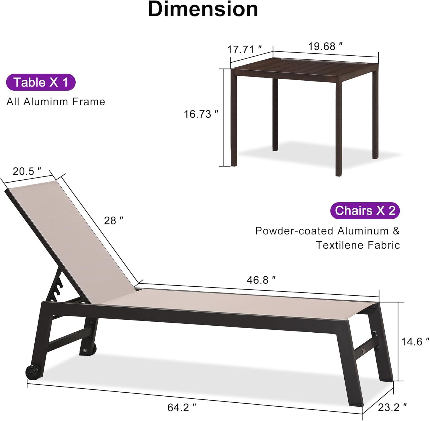 image:imagePURPLE LEAF Outdoor Chaise Lounge Chair Set of 2 Patio Pool Textilene Loungers with Adjustable Backrest and Wheels Includes Side Table for Deck Lawn Garden CreamSand Beige